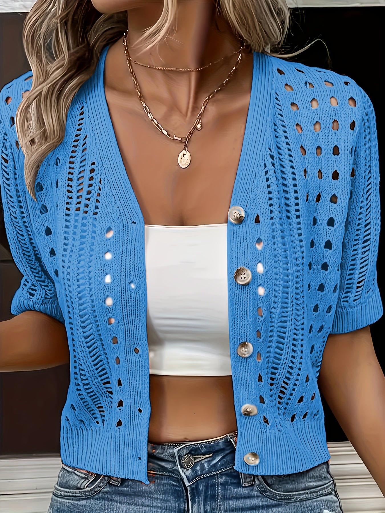 Brienya | Gebreid damesvest - korte mouwen, Button-Up, gebreide top