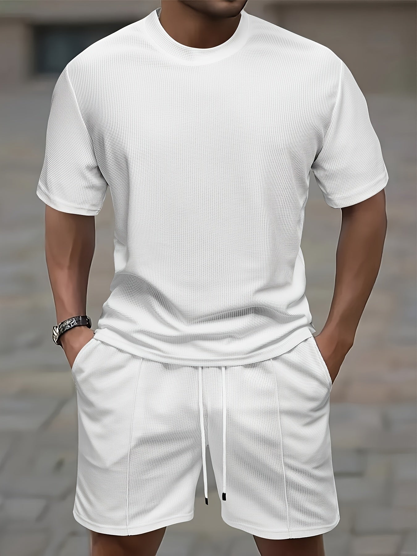 Lorien | Herenset 2-delige zomersportkleding - gebreid wafel T-shirt & koordshort