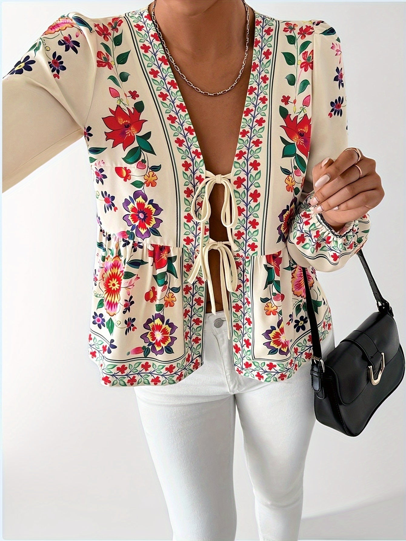 Aletha | Elegante Bloemenprint Blouse voor Dames – Lange Pofmouwen, Striksluiting, V-Hals