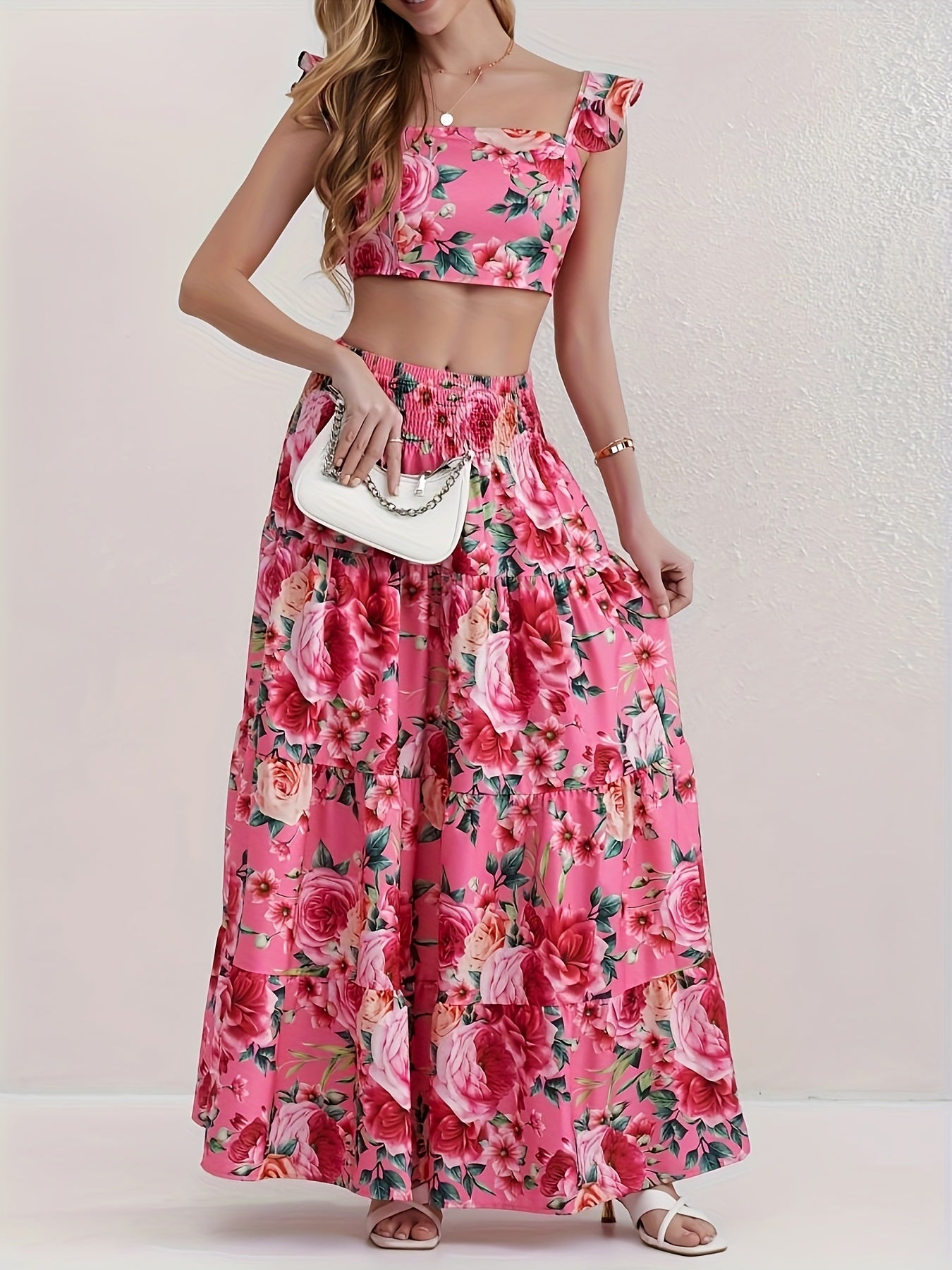 Uletta | Tweedelige set met bloemenprint, top en rok met ruches