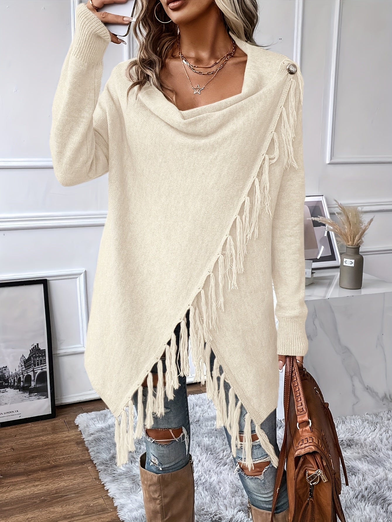 Wenja | Dames sjaal met franjes en kwastjes – Elegante gedrapeerde sjaal voor herfst- en winteroutfits