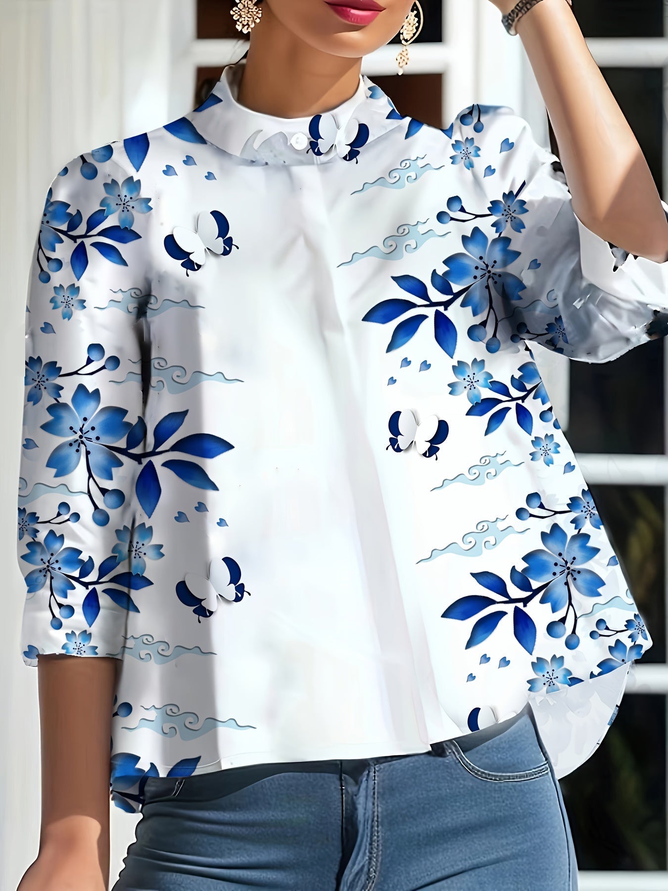 Mechtild | Damesbloemenblouse met gebloemde hals - Casual 3/4 mouwen elegante top