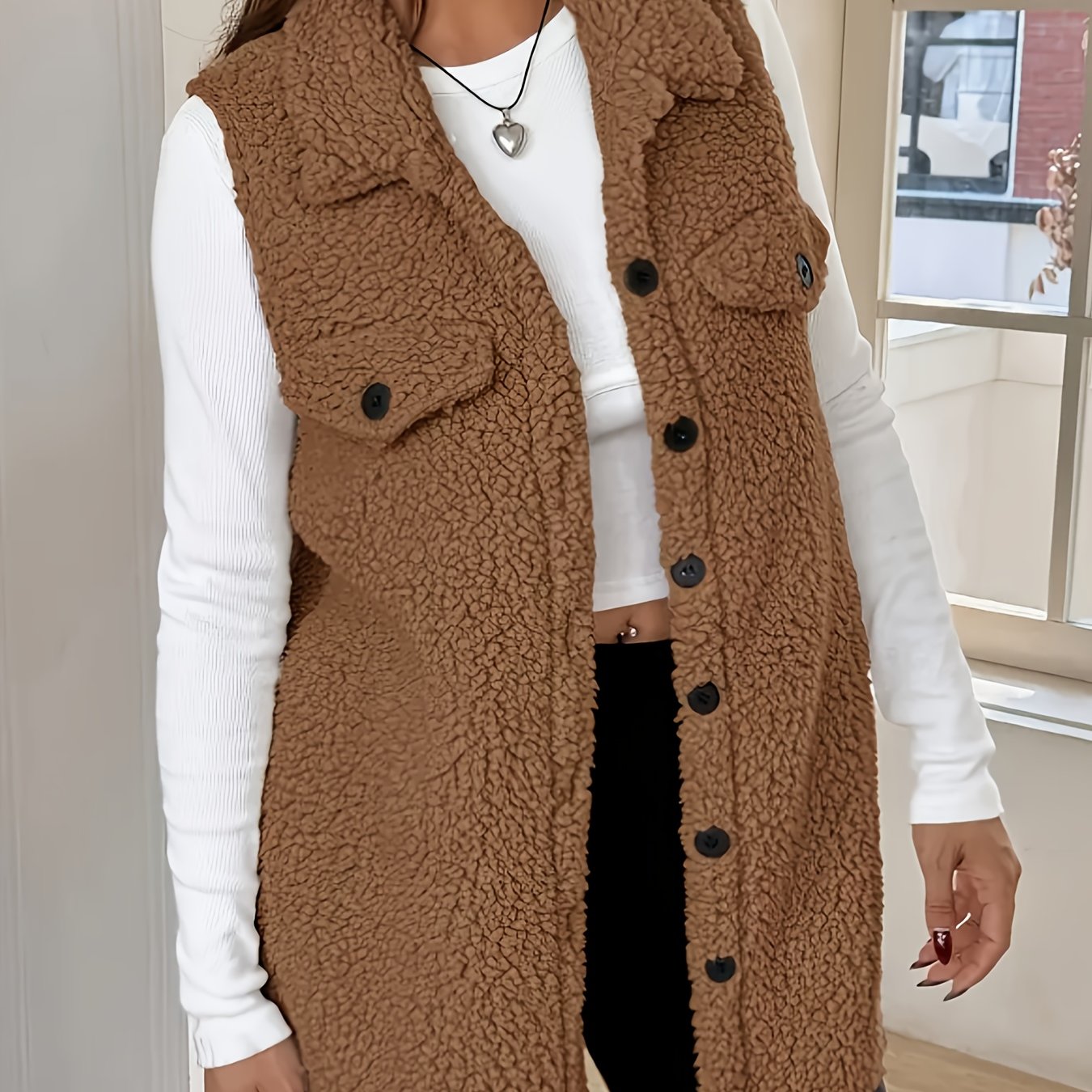 Dagmarine | Pluche mouwloos teddyvest voor dames – jas met dubbelzijdige kraag, casual winterjas