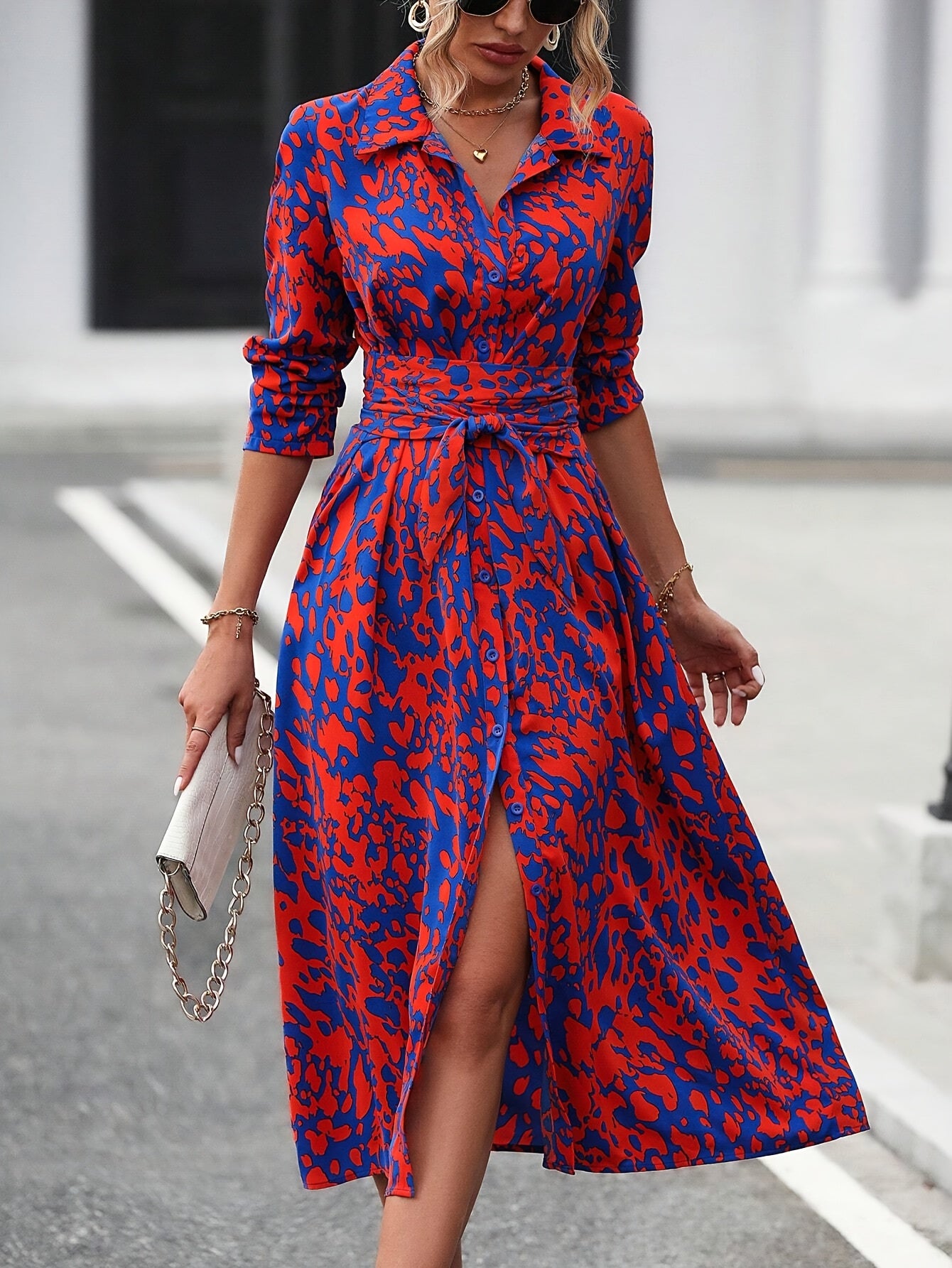 Solvita | Elegante overhemdjurk met geometrische print - Midi tuniek met tailleband