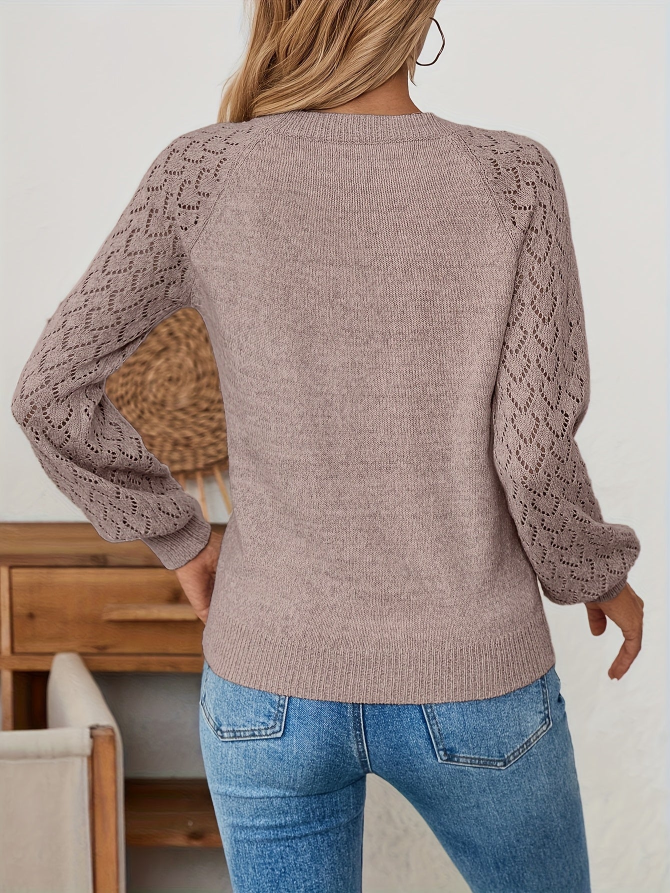 Trude | Dames trui met V-hals – Zachte opengewerkte pullover met holle mouwen, lichtgewicht herfsttop