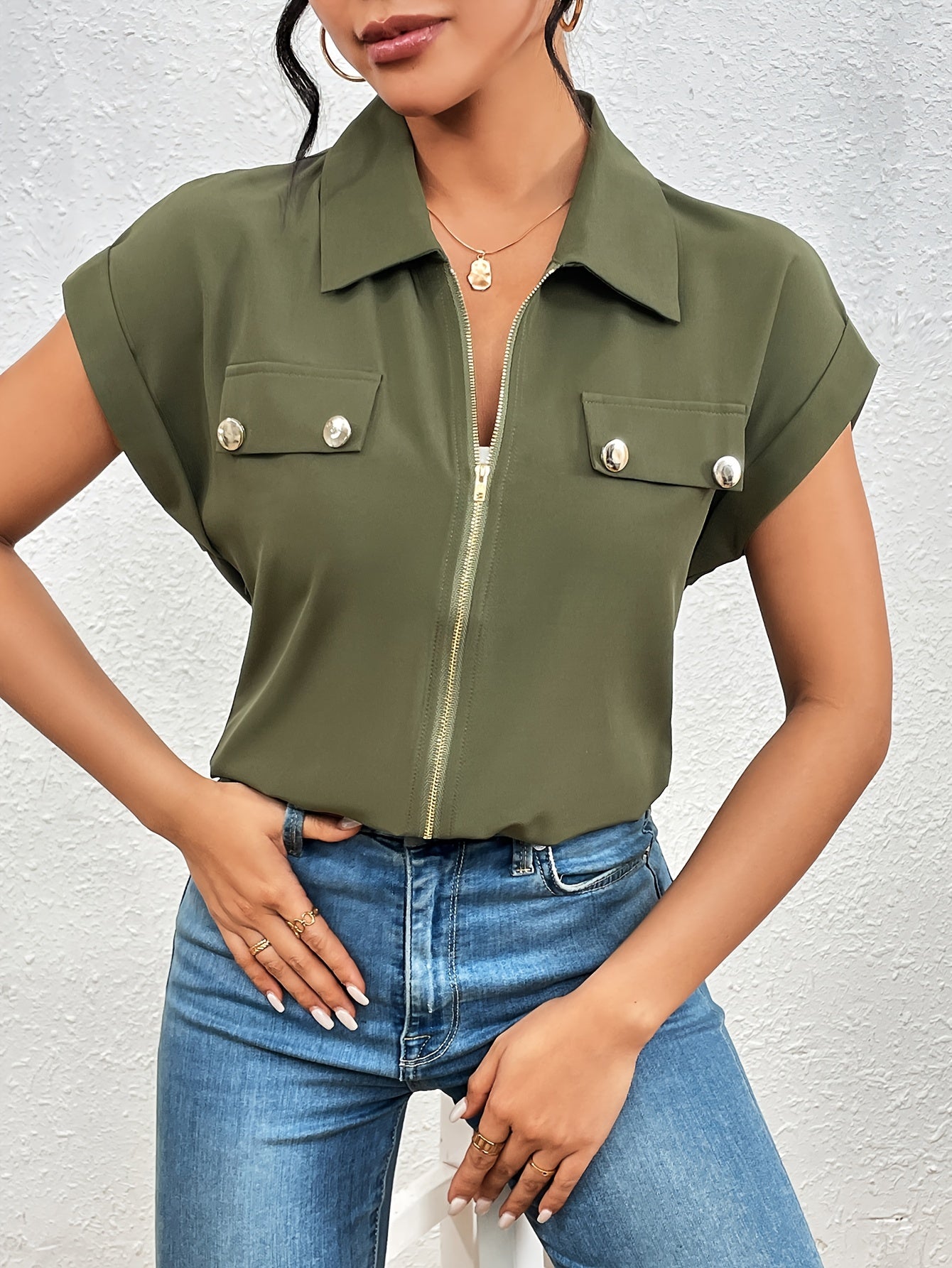 Vedis | Elegante Blouse met Ritssluiting voor Vrouwen - Chic Korte Mouw Top met Reverskraag