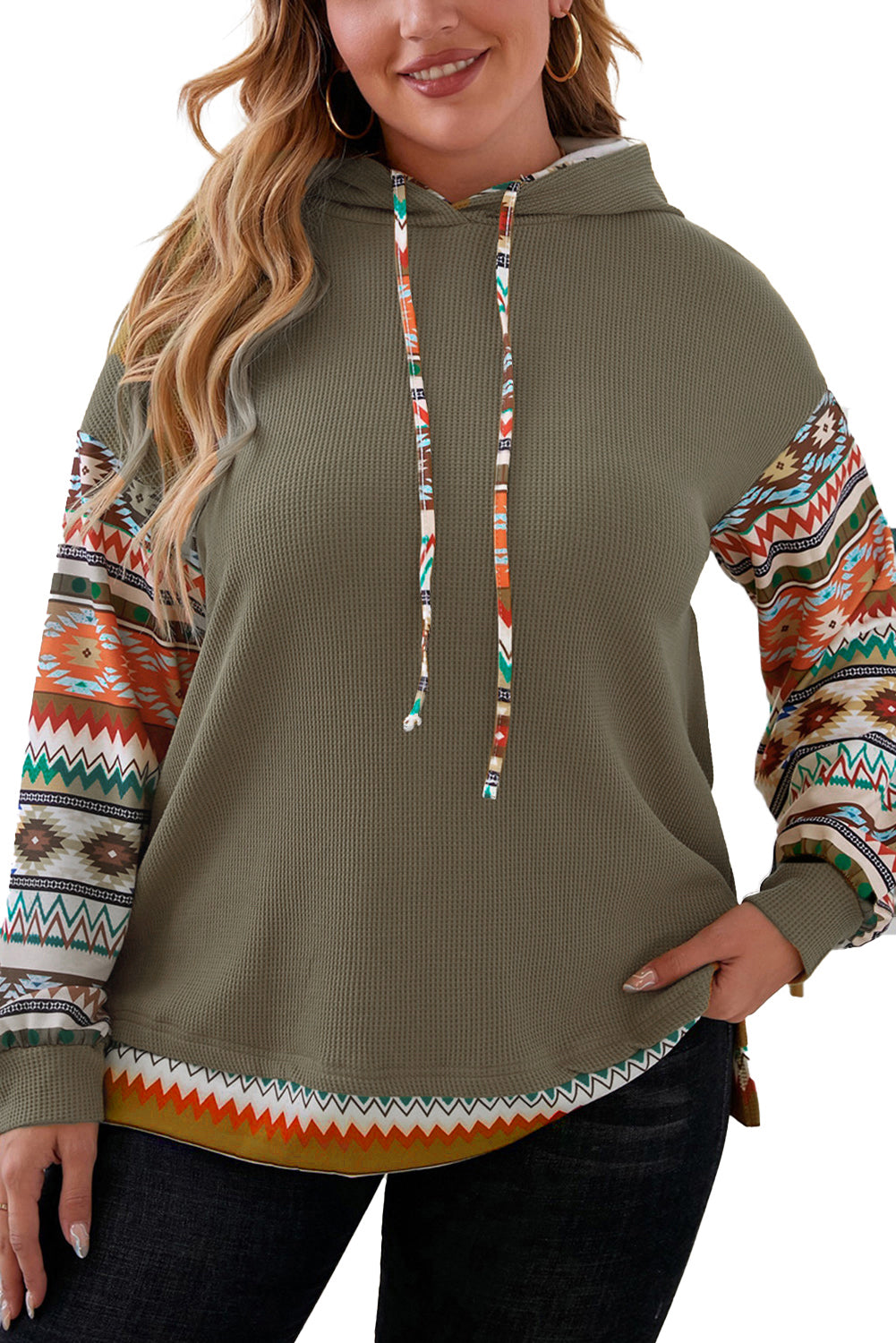 Penira | Azteek patchwork mouw wafel gebreide koord hoodie - Pullover Casual Lange Mouw Hooded Top