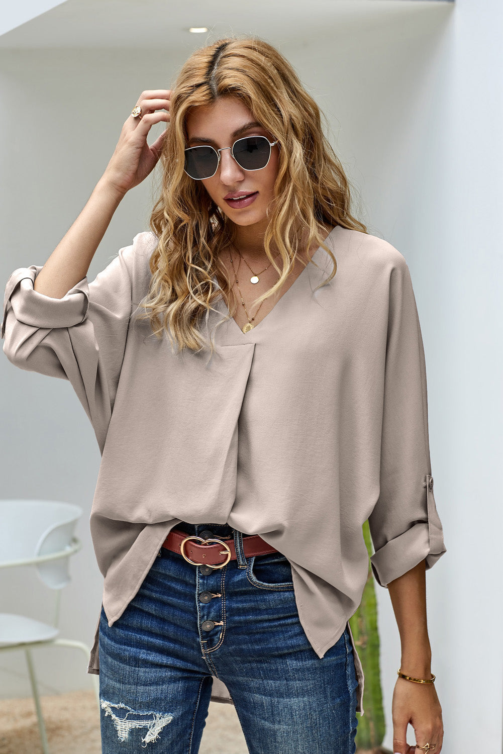 Ynez | Abrikoos V-Hals 3/4 Mouw Overhemd voor Vrouwen - Casual Lange Mouw Top