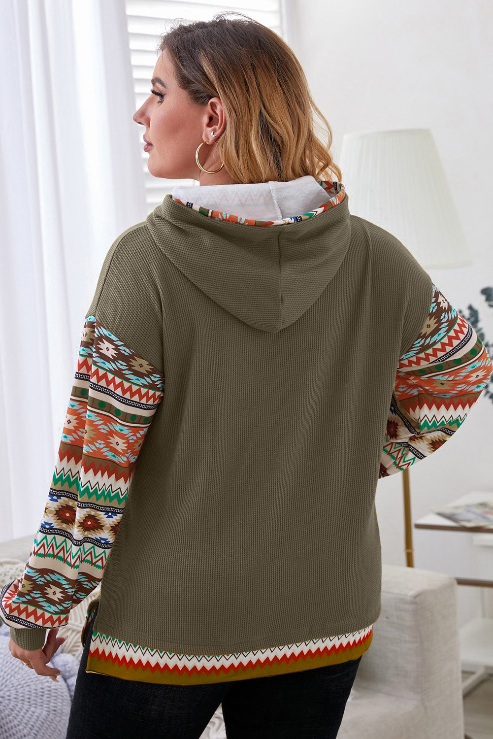 Penira | Azteek patchwork mouw wafel gebreide koord hoodie - Pullover Casual Lange Mouw Hooded Top