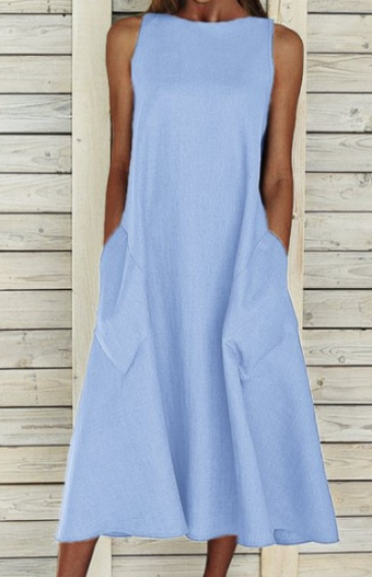 Vionna | Elegante Mouwloze Katoenen Midi Jurk met Zakken - A-Line Fit, Casual Zomerjurk