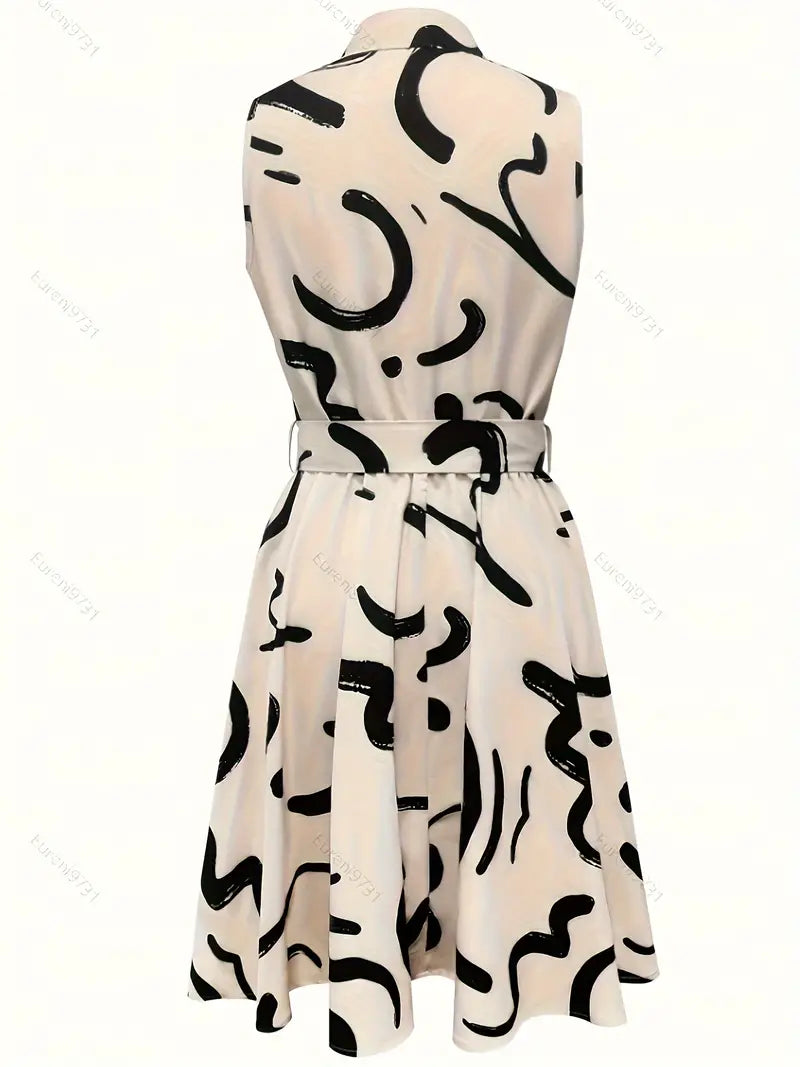 Anidra | Elegante mouwloze knoopjurk - reverskraag, strikceintuur, midielengte, kantoor & casual