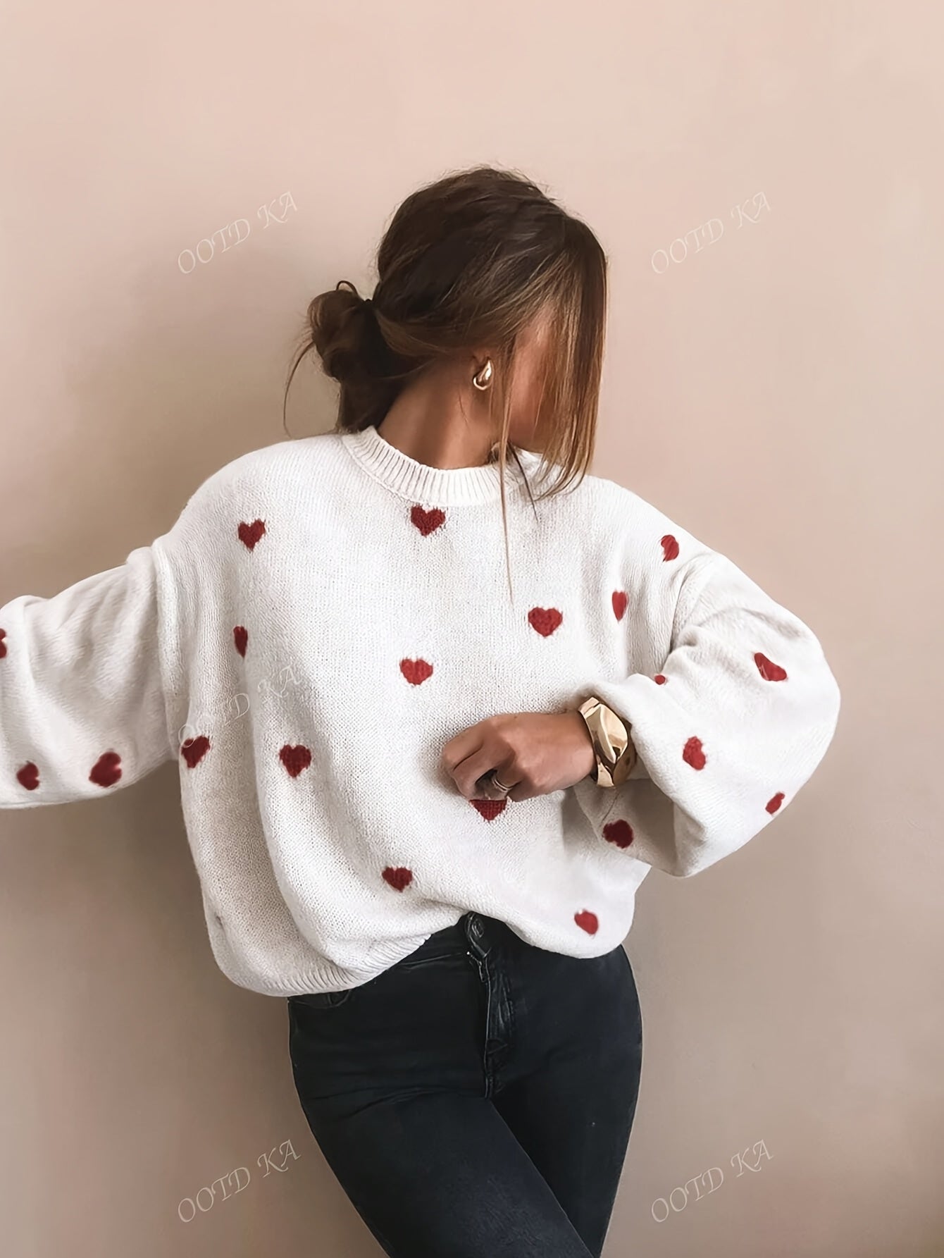 Othilie | Dames trui met hartjespatroon – Comfortabele trui, losvallende casual herfst-/wintertrui