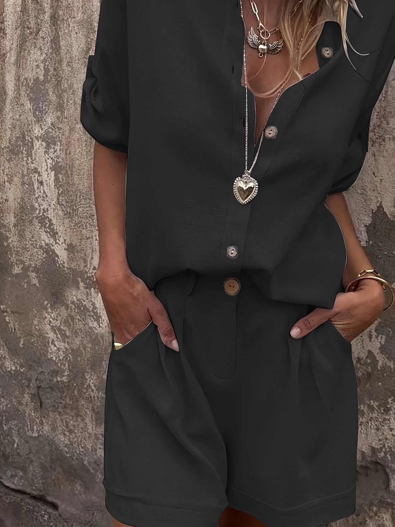 Elasha | Linnen tweedelige set voor dames - oversized overhemd met knoopsluiting & shorts