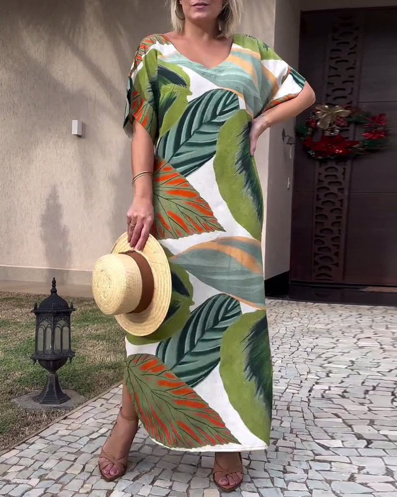 Ursa | Maxi jurk met botanische print - Casual korte mouwen, lichtgewicht zomerjurk