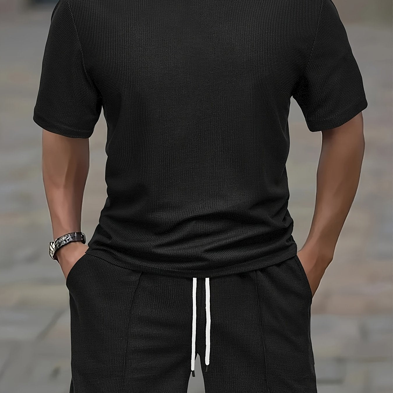 Lorien | Herenset 2-delige zomersportkleding - gebreid wafel T-shirt & koordshort