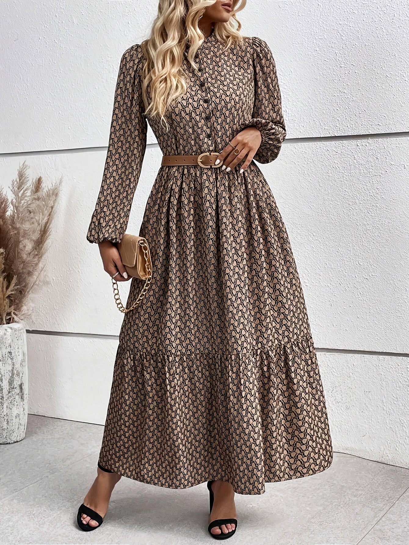 Luciana | Allover print jurk met knoopsluiting, Elegante Lantaarn Mouwen Soepelvallende Jurk voor Dames