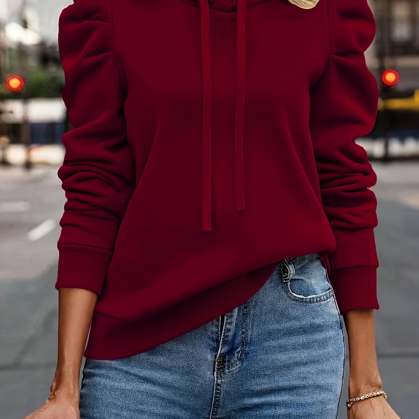 Liliora | Effen hoodie voor dames – Casual sweatshirt met lange pofmouwen en trekkoord