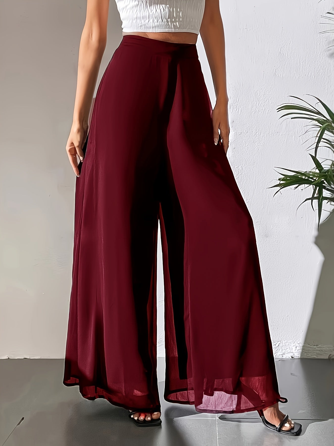 Maurelle | Hoge taille chiffon broek met wijde pijpen voor dames – Uitlopend, transparante mesh overlay