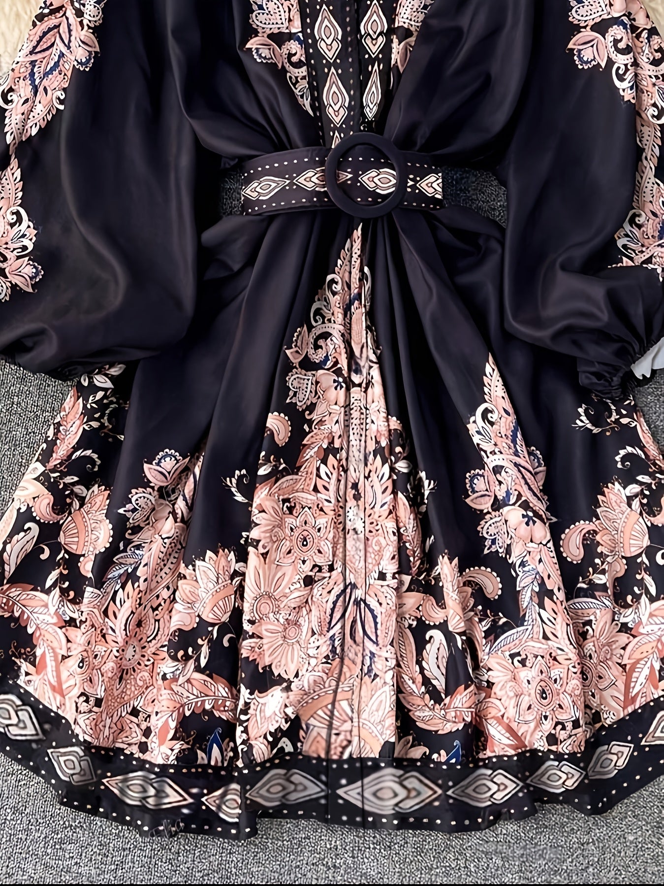 Florica | Vintage bloemenprint jurk met V-hals - Lantaarnmouwen, A-lijn met ceintuur