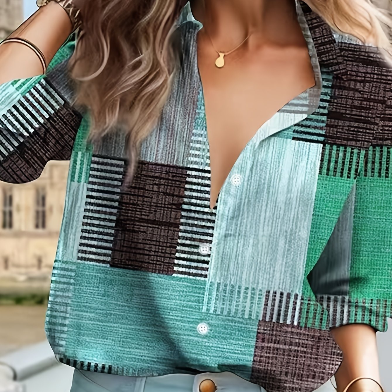 Wendira | Dames Patchwork Blouse met Lange Mouwen en Knoopsluiting – Stijlvol Design in Gemengde Kleuren