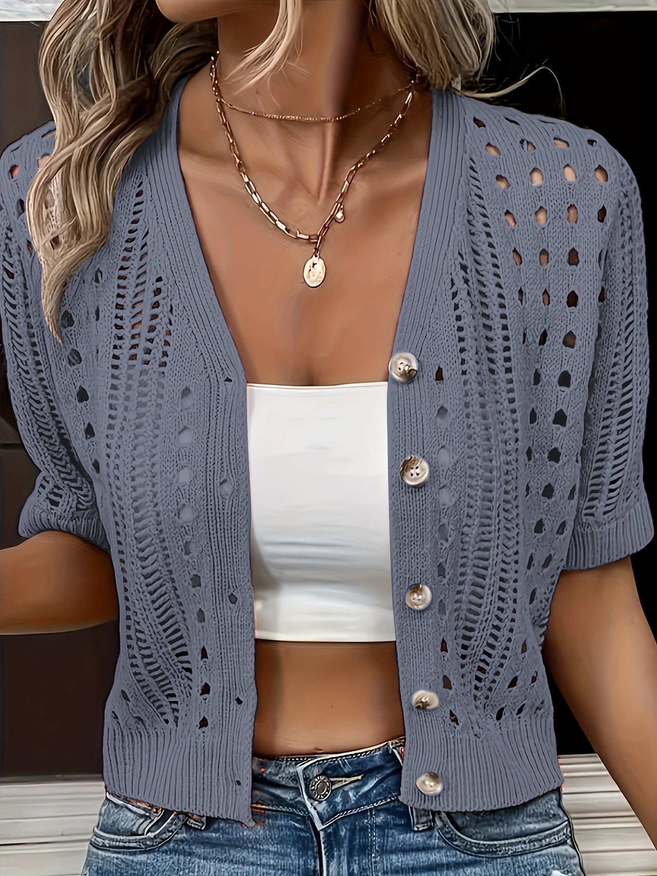 Brienya | Gebreid damesvest - korte mouwen, Button-Up, gebreide top