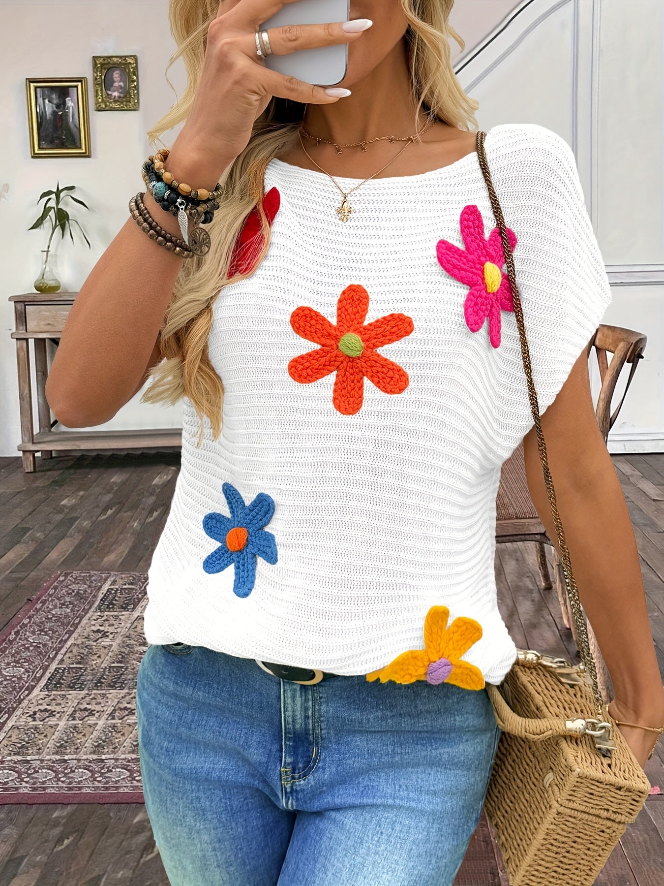Ozara | Geborduurde damesblouse met 3D bloemen - Elegante gebreide viscose top