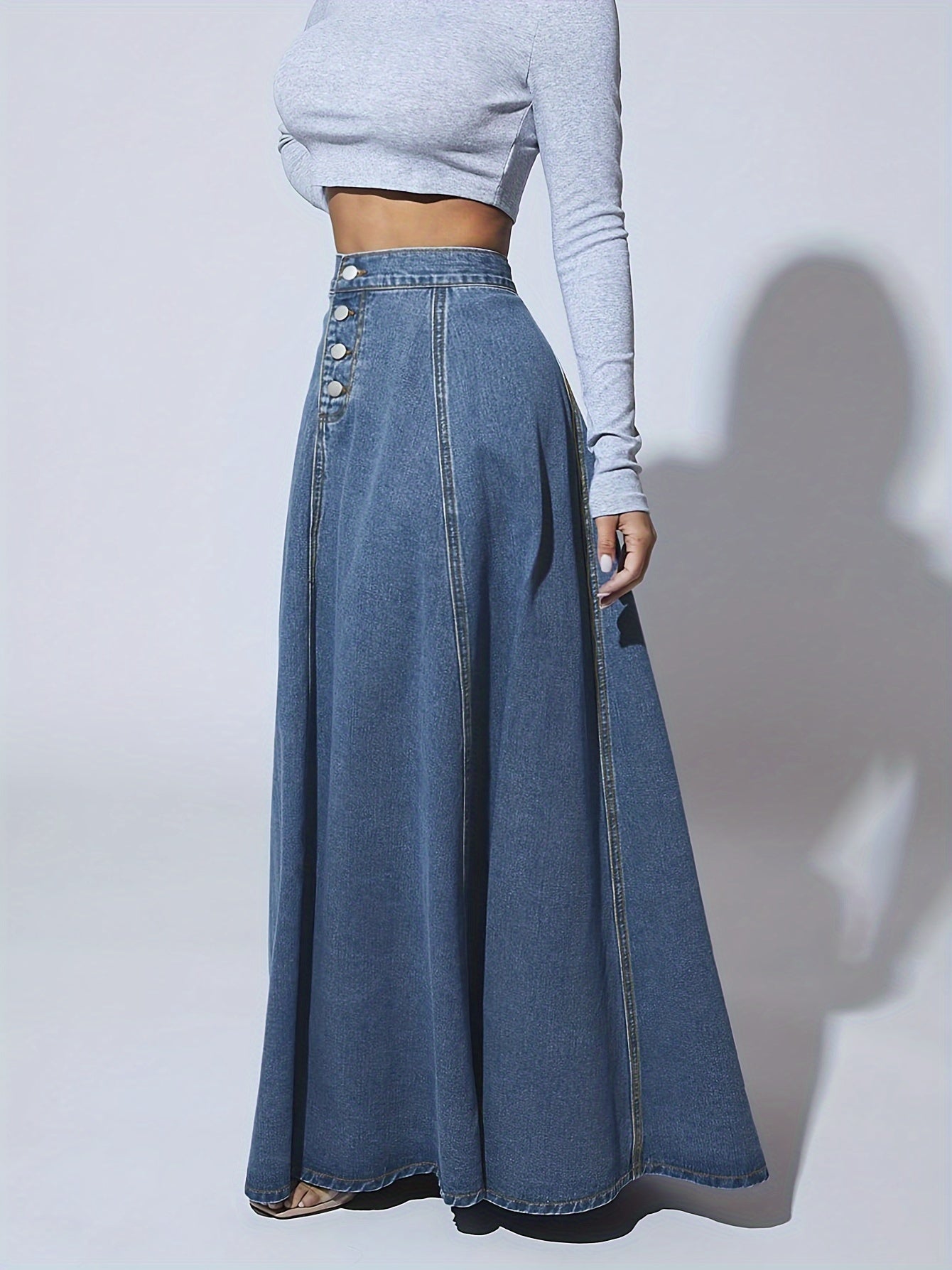 Melina | Hoog uitlopende enkelvoudige geruite maxi flare denim rok