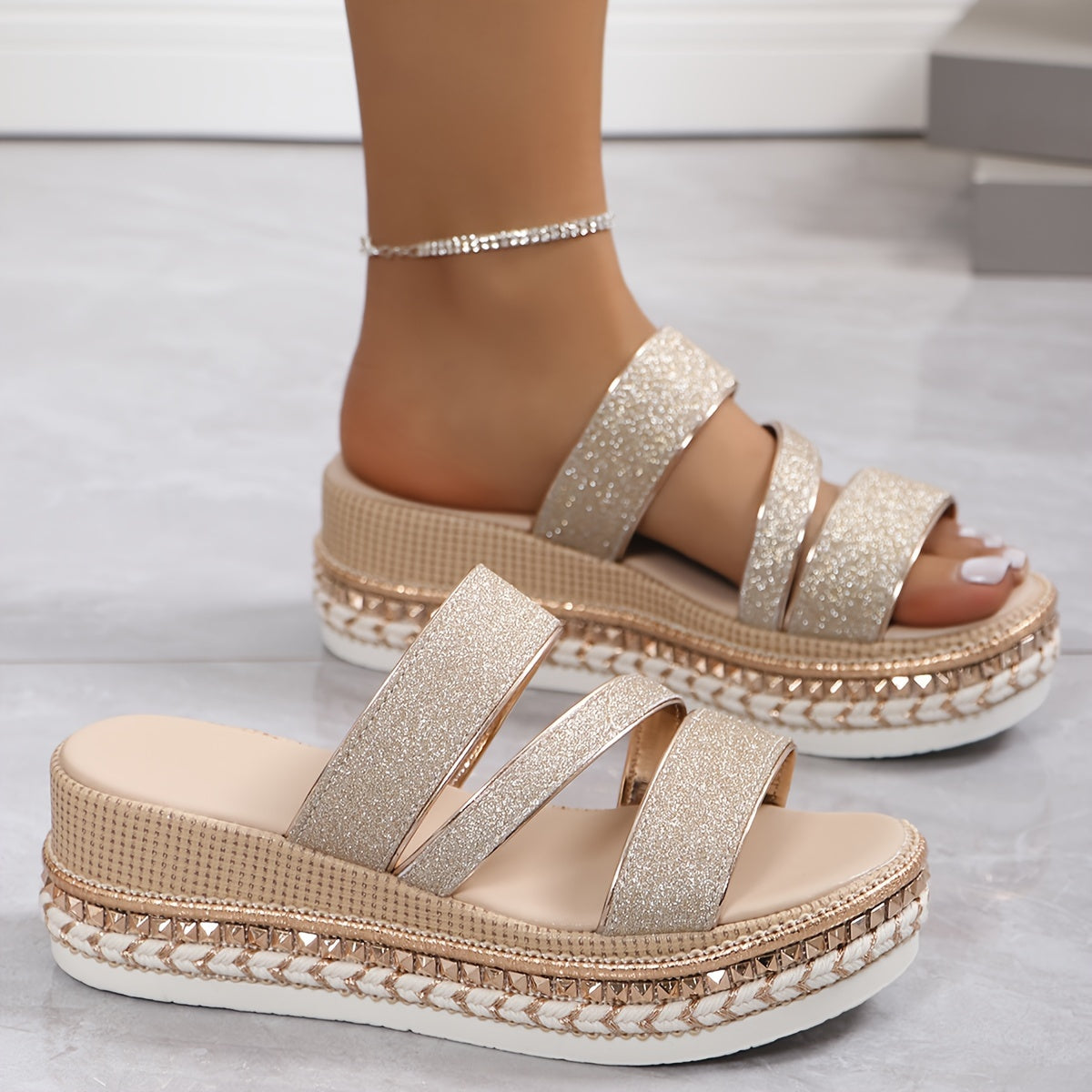 Shinelle | Dames Glitter Platform Slide Sandalen - Elegante Slip-On Wedge Schoenen