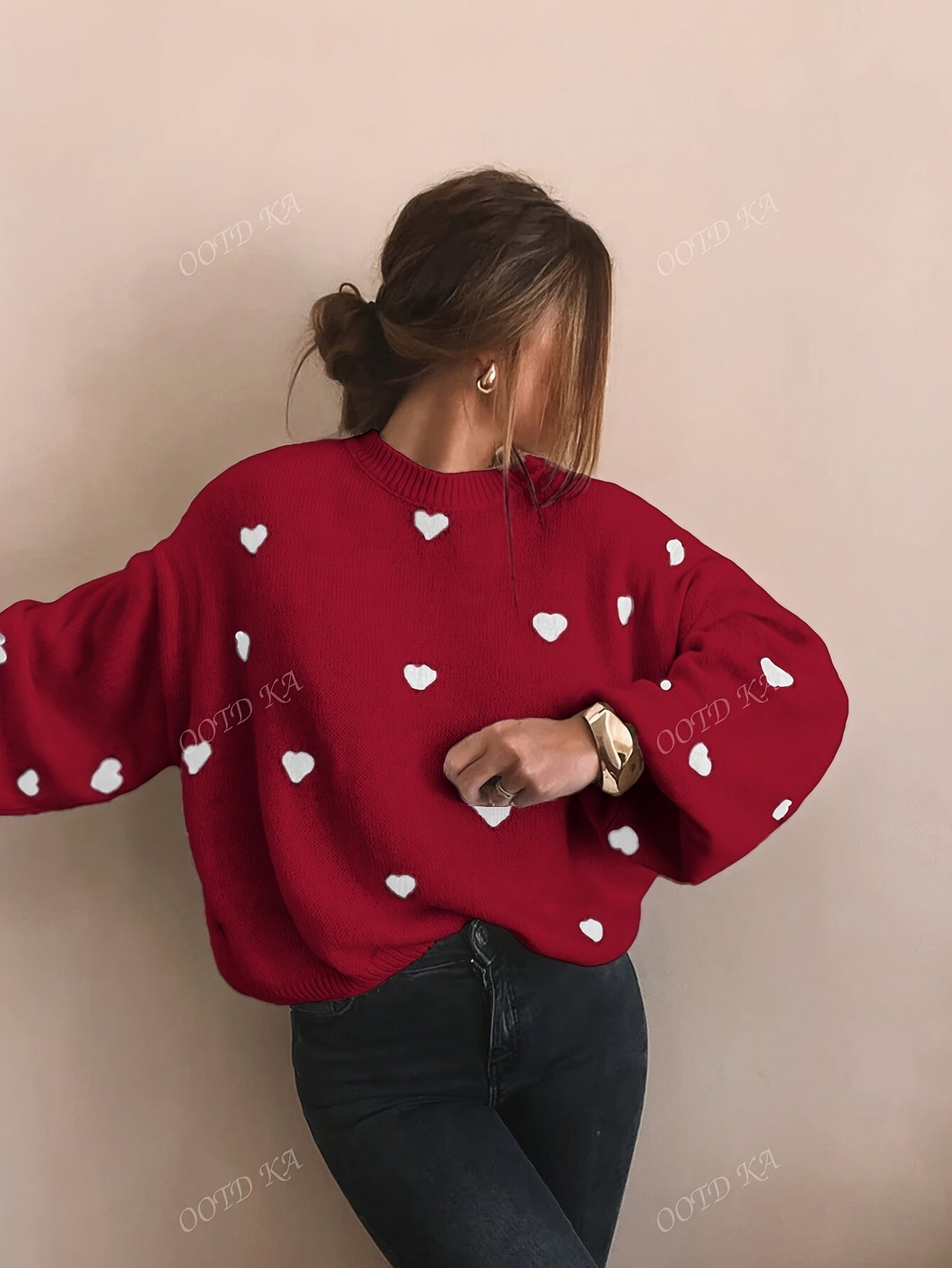 Othilie | Dames trui met hartjespatroon – Comfortabele trui, losvallende casual herfst-/wintertrui