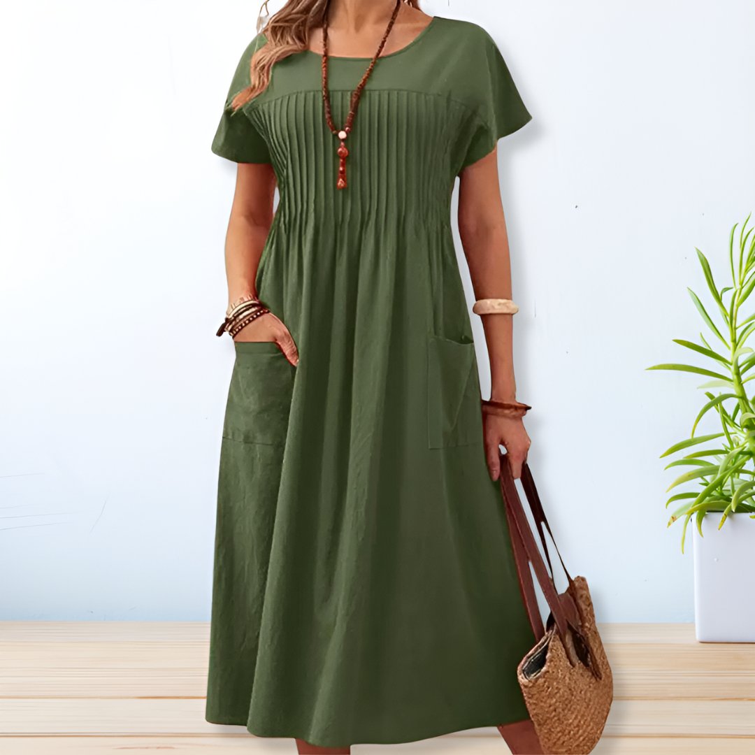 Syrentha | Casual Midi-jurk - Zachte A-lijn zomerjurk met korte mouwen