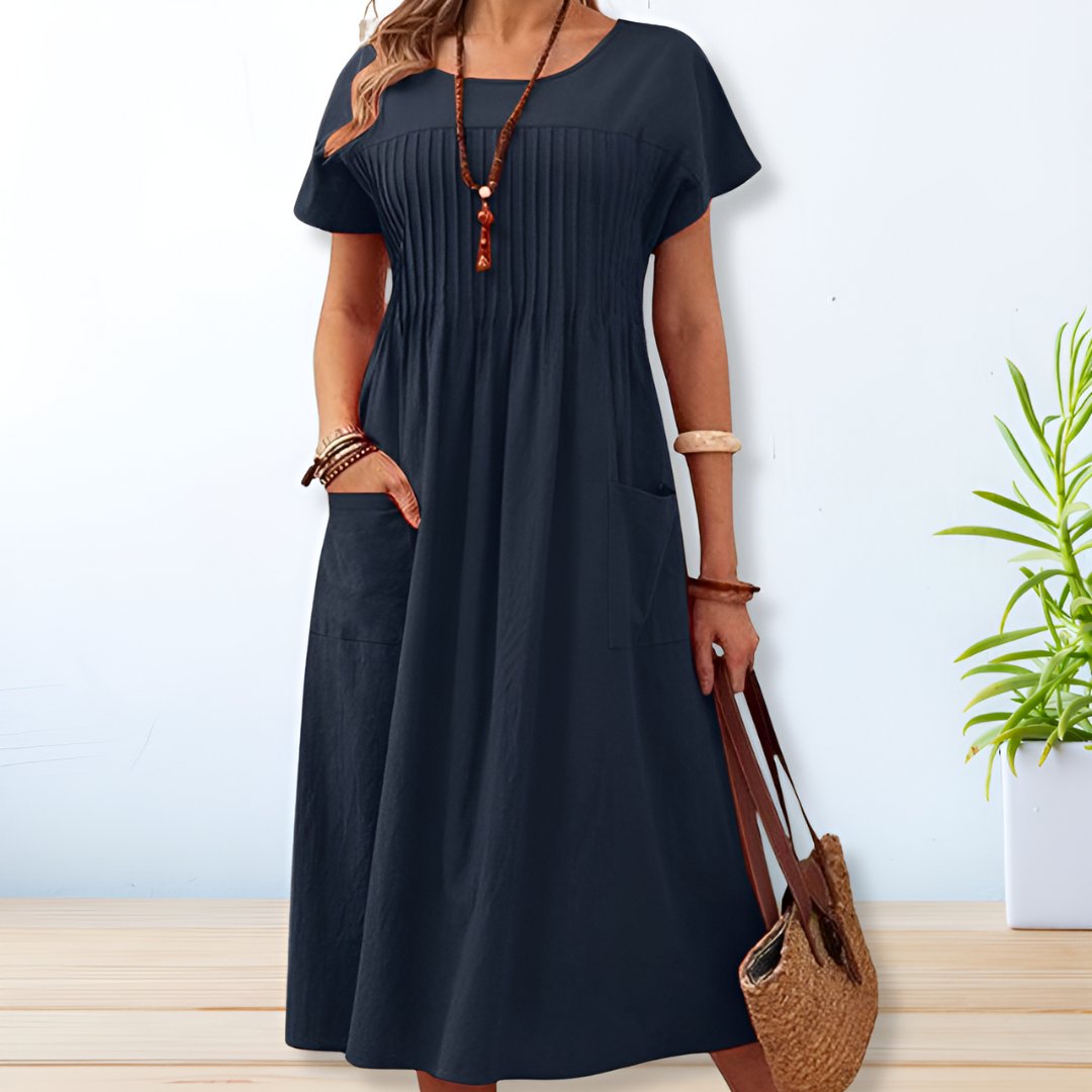 Syrentha | Casual Midi-jurk - Zachte A-lijn zomerjurk met korte mouwen