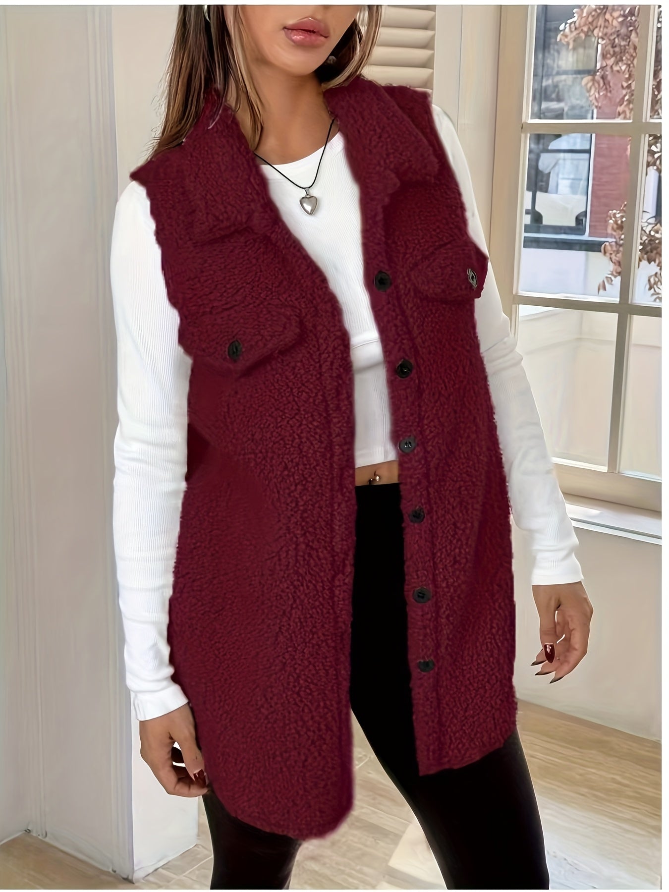 Dagmarine | Pluche mouwloos teddyvest voor dames – jas met dubbelzijdige kraag, casual winterjas