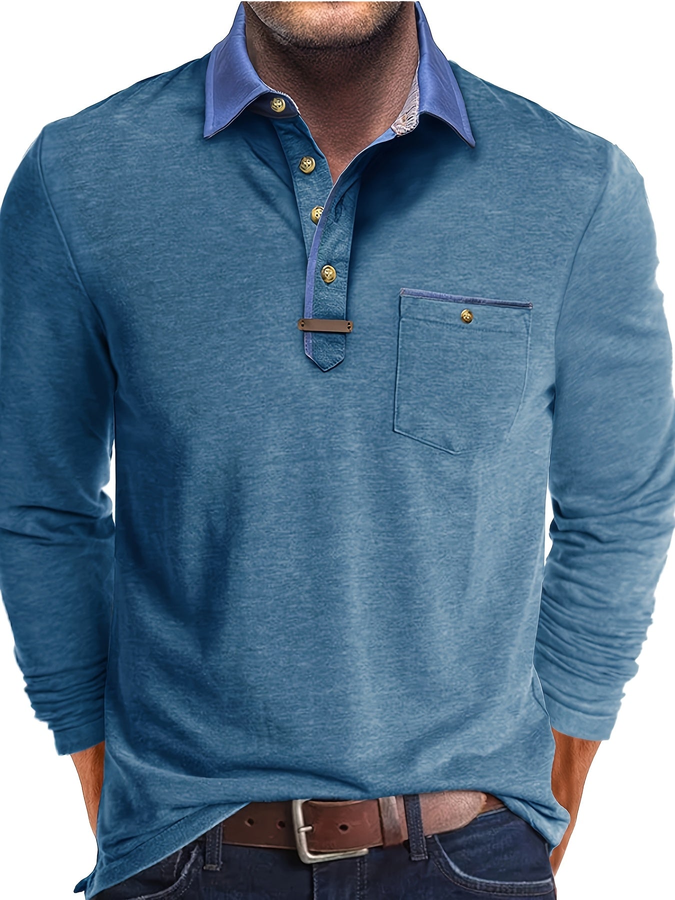 Paulo | Herenpolo met lange mouwen – Casual Henley met kleurblok kraag en borstzak