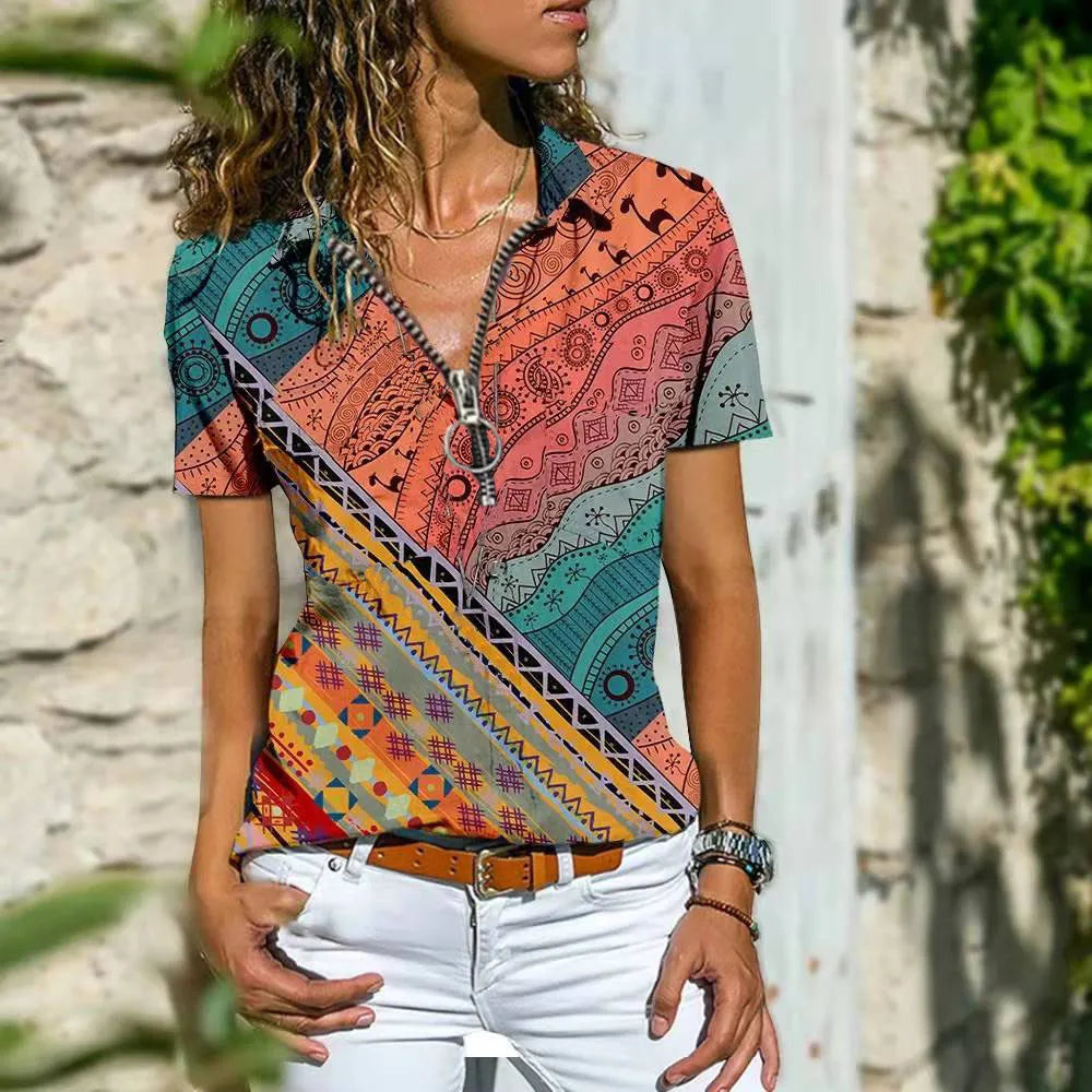 Zandria | Dames-T-shirt met korte mouwen en halve rits - Lichtgewicht top met levendige print, actief & op reis