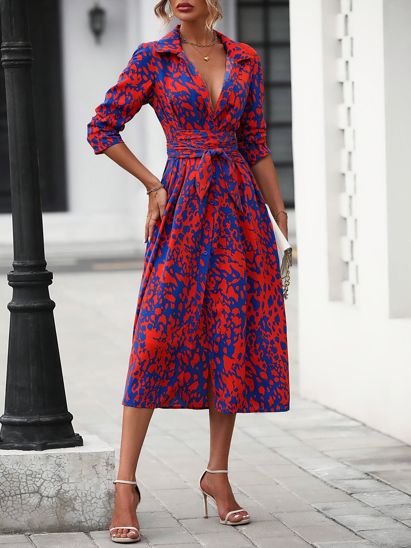 Solvita | Elegante overhemdjurk met geometrische print - Midi tuniek met tailleband