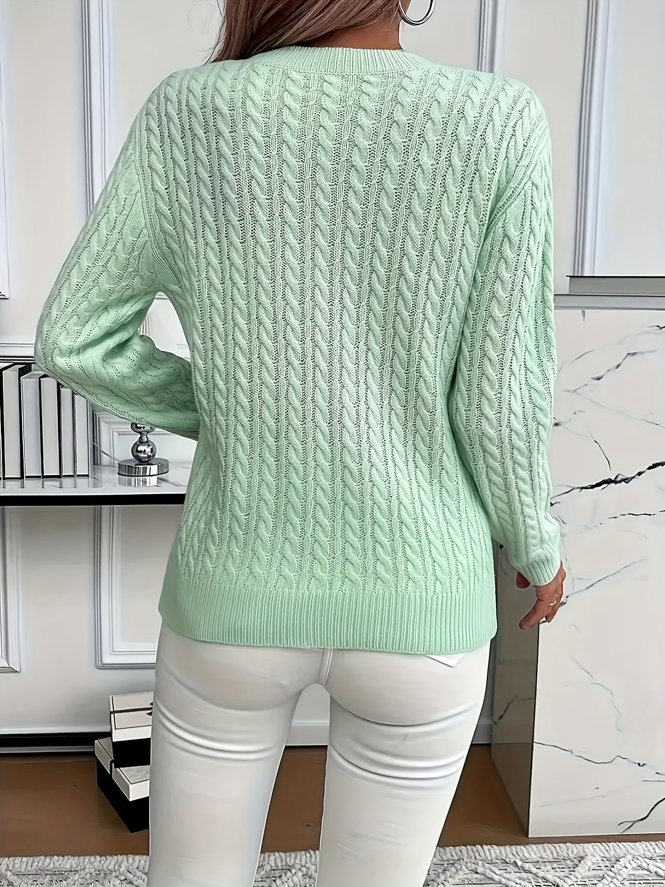 Valeris | Dames trui met kabeltjes en ronde hals – Elegante effen pullover, zacht en geschikt voor alle seizoenen