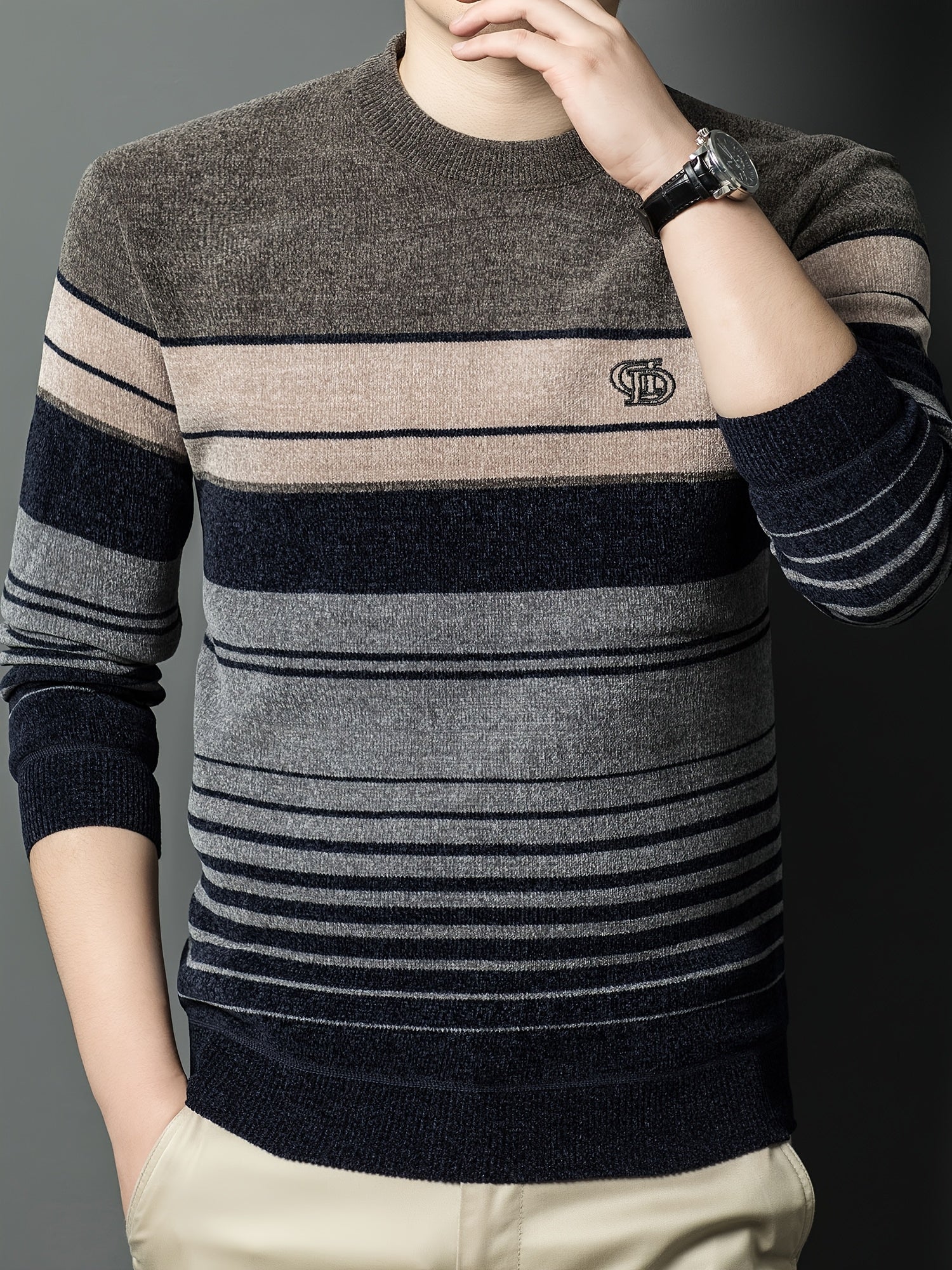 Dagursson | Thermische fleece gevoerde wintertrui voor heren – Warme gestreepte gebreide pullover