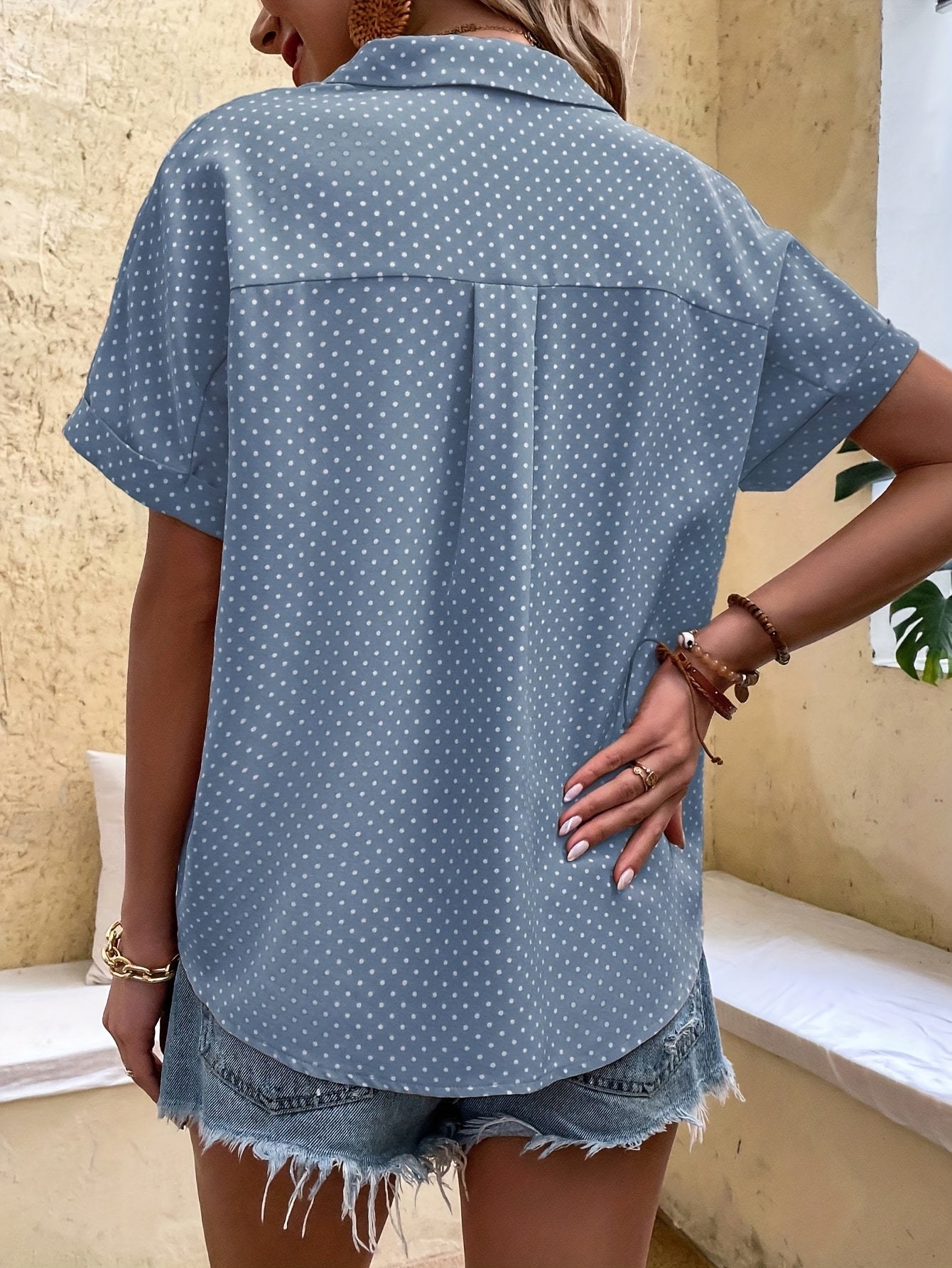 Cvetka | Blouse met polka dot - Korte mouwen shirt met knoopsluiting voor