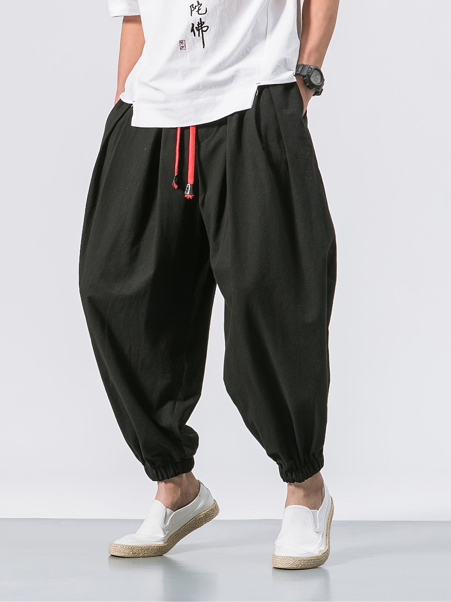 Rhaegar | Herenbroek zwart linnen - lichtgewicht, losse pasvorm, elastische taille, koord