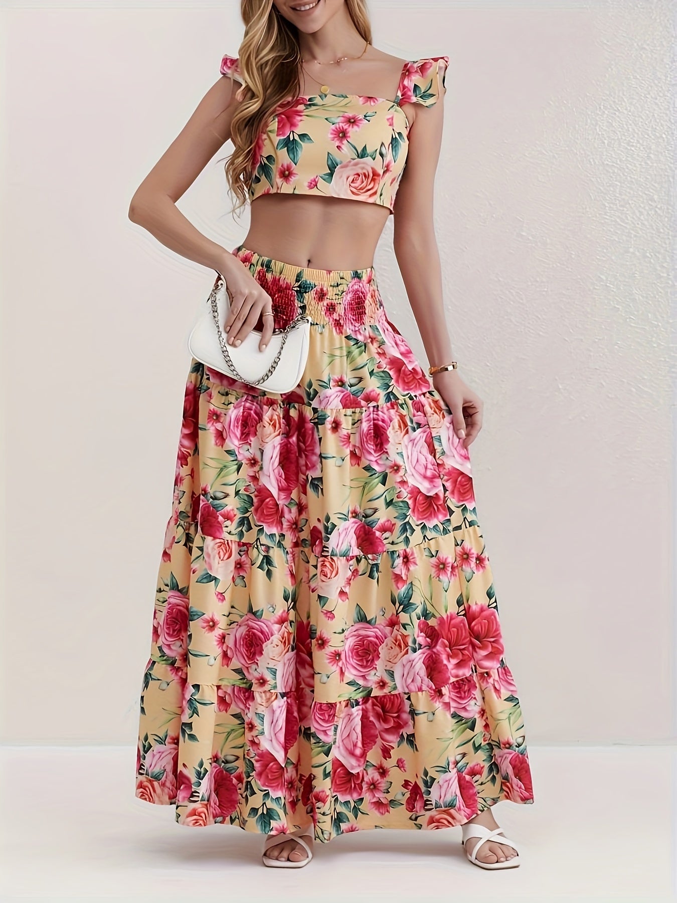 Uletta | Tweedelige set met bloemenprint, top en rok met ruches