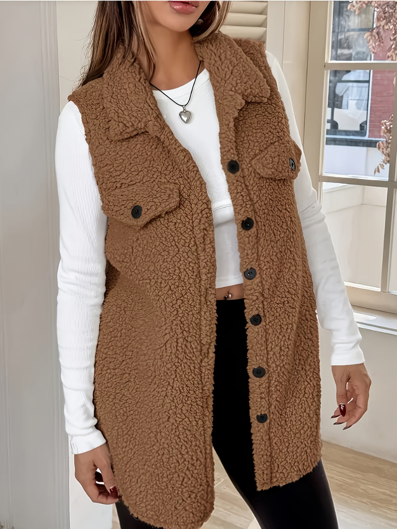 Dagmarine | Pluche mouwloos teddyvest voor dames – jas met dubbelzijdige kraag, casual winterjas