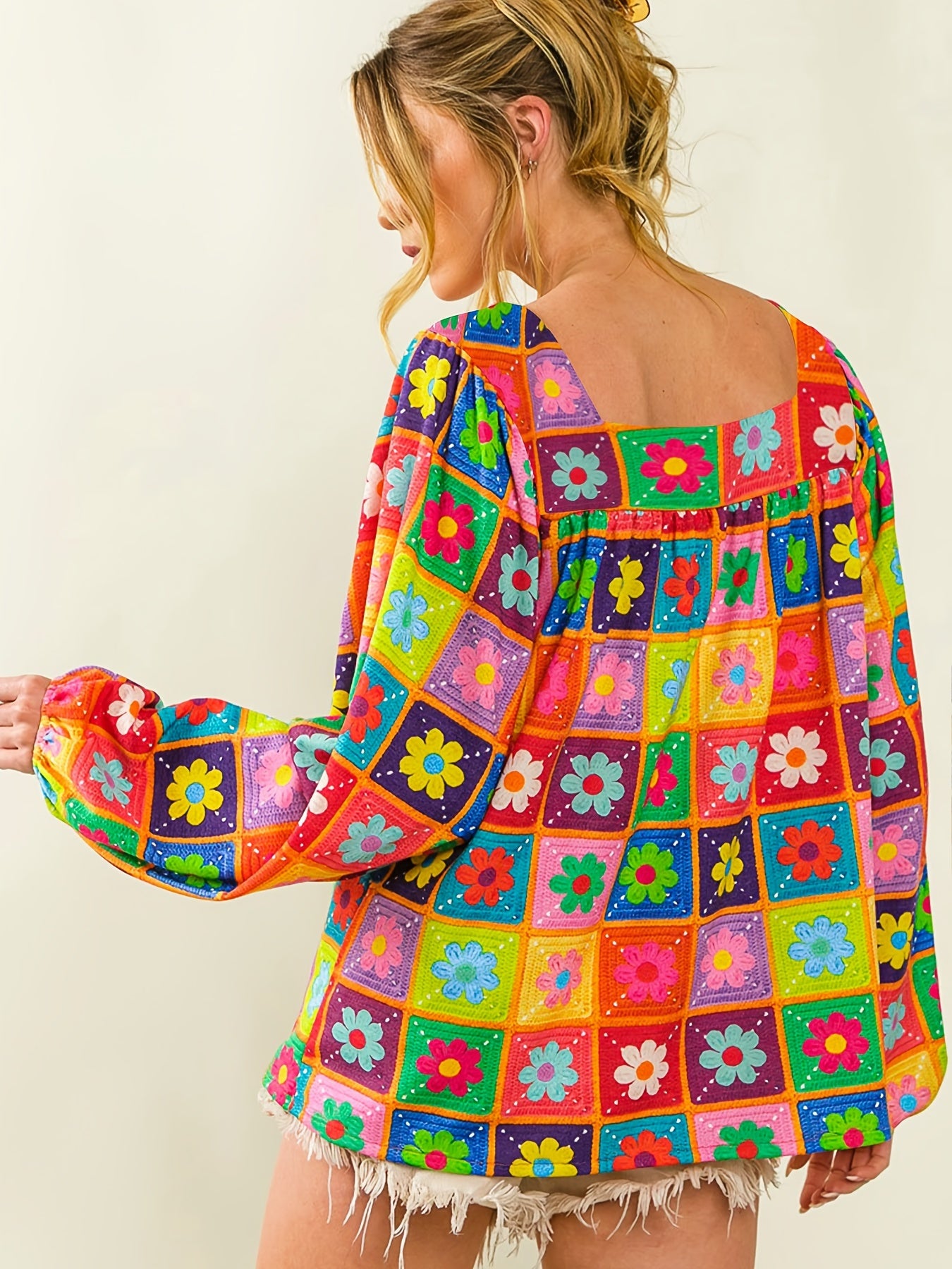 Raissa | Vrouwenbloemenblouse met vierkante hals - Lange mouwen, lantaarnmouwen, casual & elegant