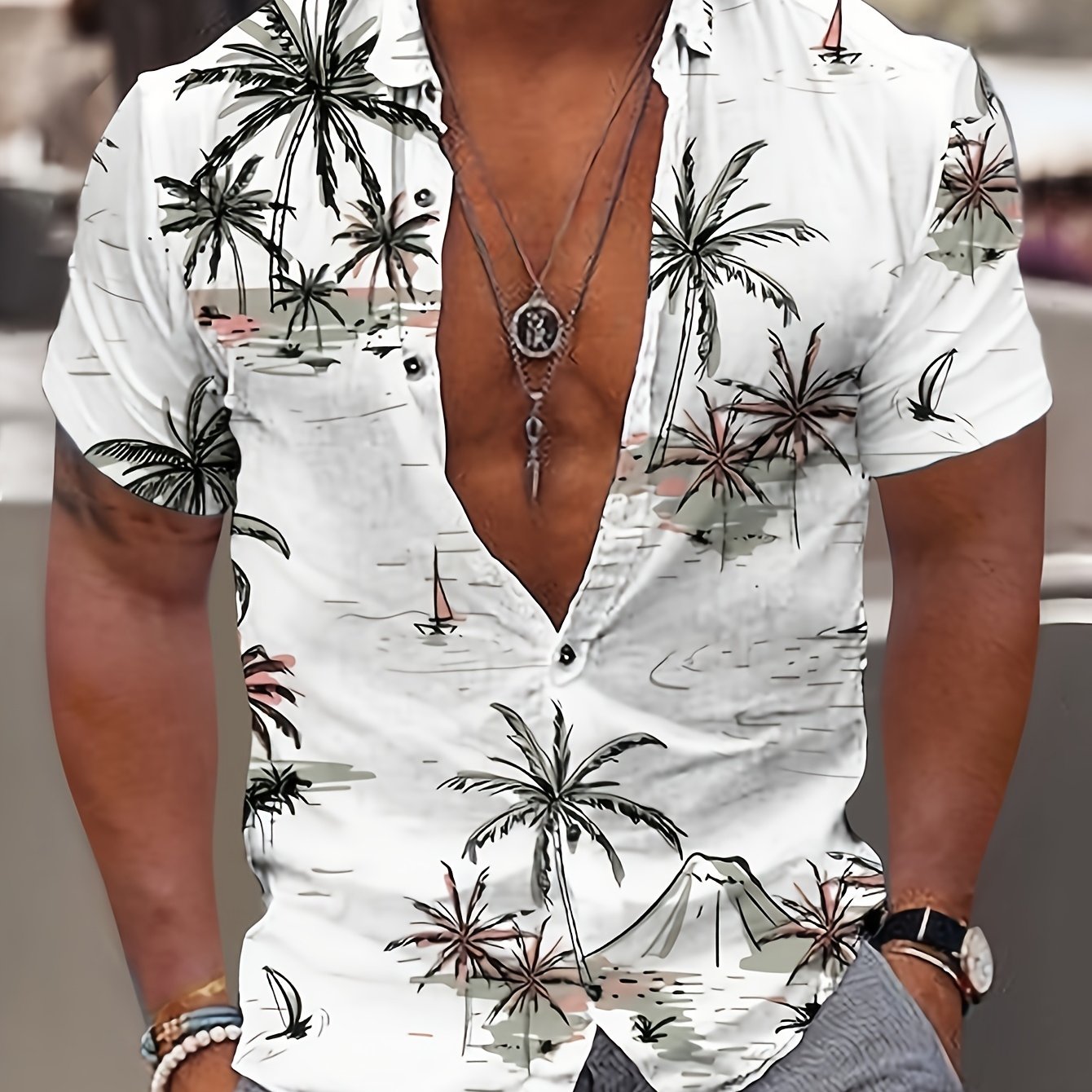 Kurt | Heren Hawaii Overhemd - Kokosnoot Boom Print, Korte Mouw, Casual Zomer Overhemd