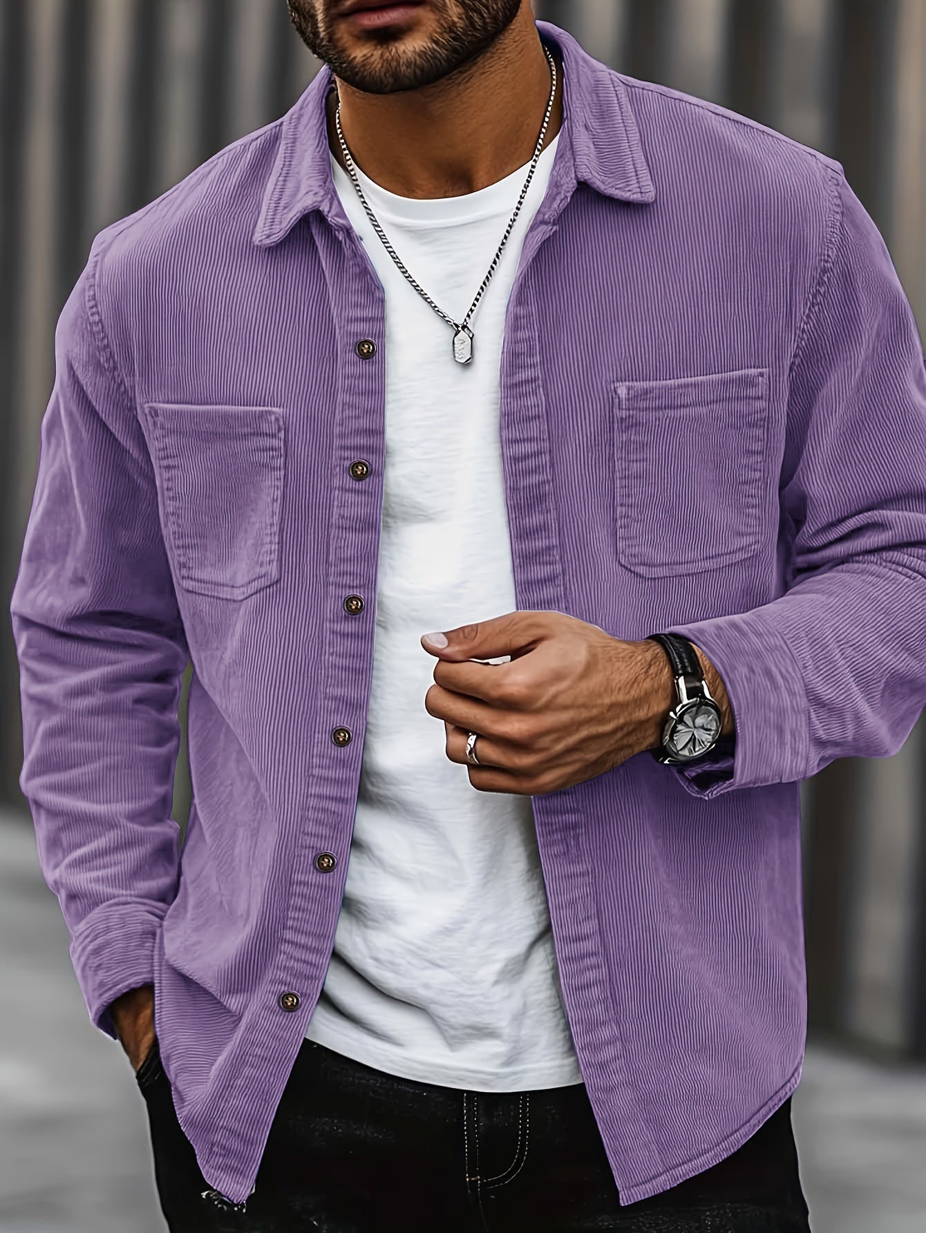 Niklaus | Corduroy overhemdjas voor heren – Casual overhemd met knopen, dubbele borstzakken
