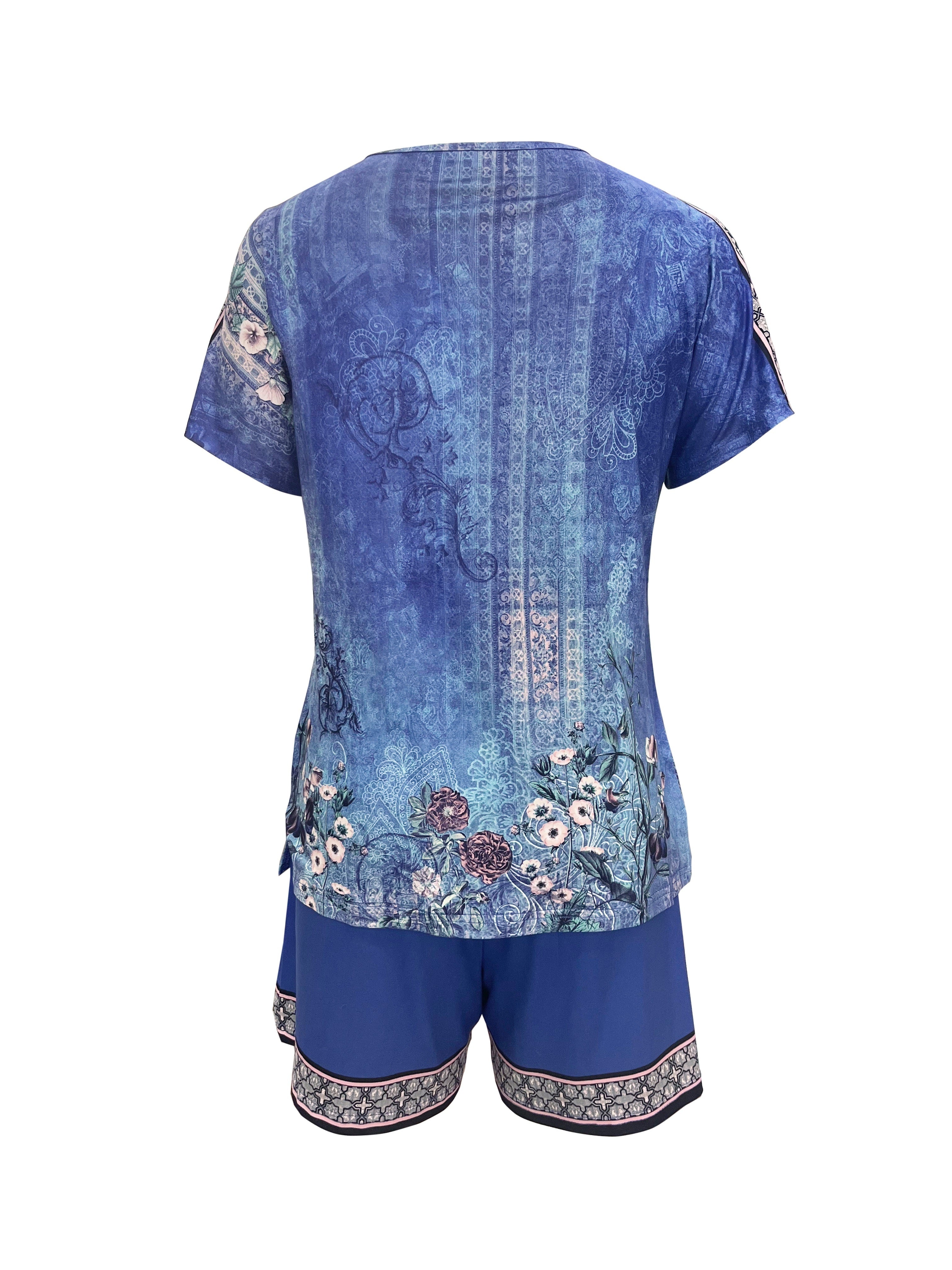 Oriana | V-neck Bohemian Floral Print Top & Drawstring Shorts 2-Piece Set for Women – Casual Retro Outfit