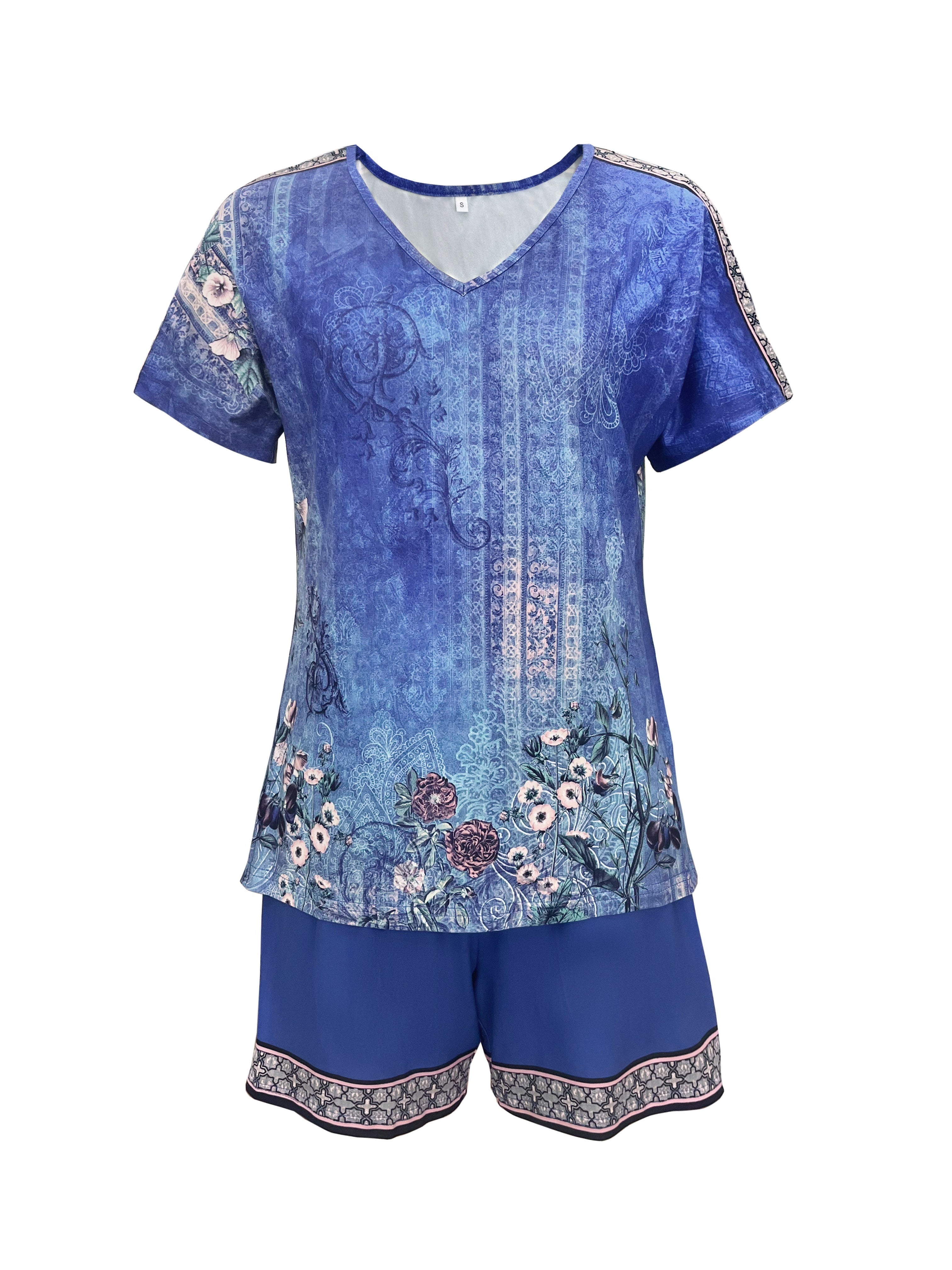 Oriana | V-neck Bohemian Floral Print Top & Drawstring Shorts 2-Piece Set for Women – Casual Retro Outfit
