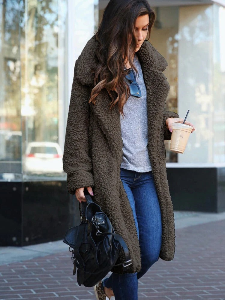 Yvonna | Lange oversized teddyjas – Winterwarme jas met reverskraag, zachte pluche bovenkleding