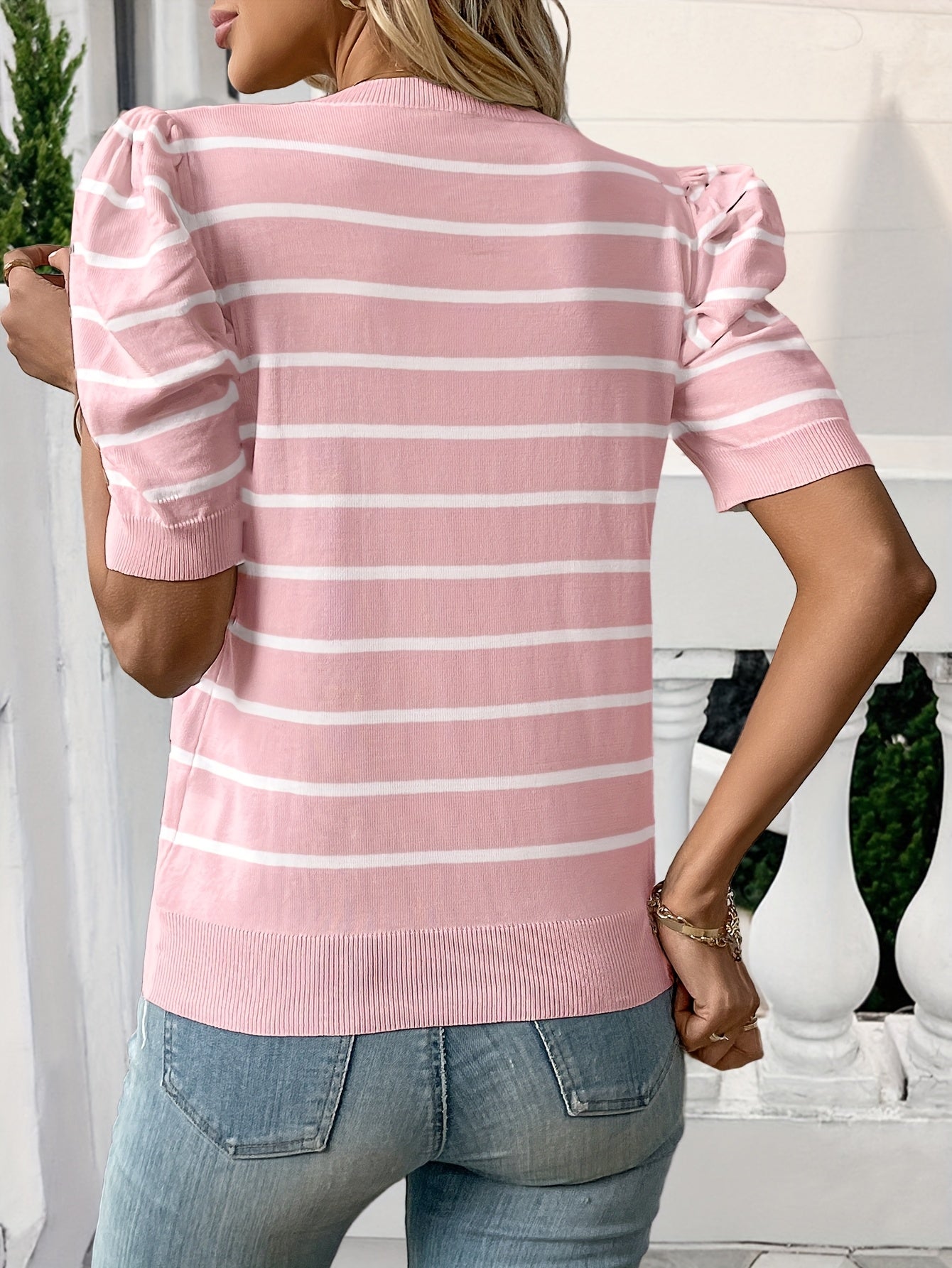 Suella | Elegant gestreept viscose gebreid dames T-shirt - korte mouwen, ronde hals