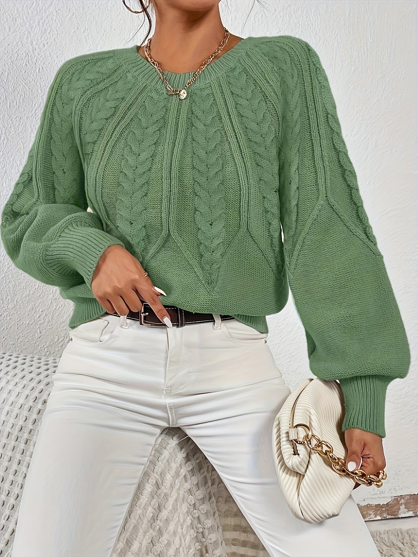 Kalyth | Dames Kabelgebreide Trui met Lantaarnmouwen – Elegante Gebreide Top voor Herfst en Winter