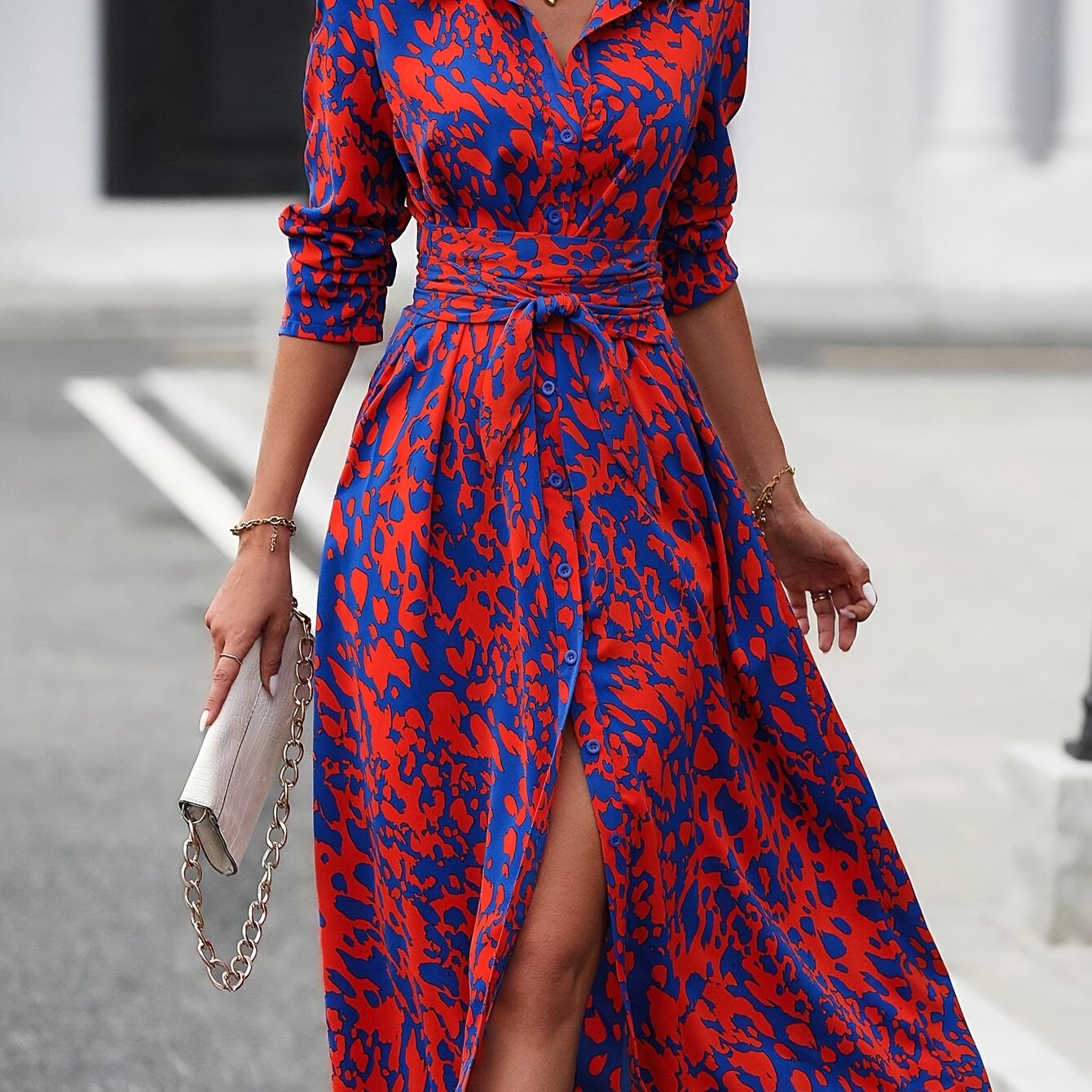 Solvita | Elegante overhemdjurk met geometrische print - Midi tuniek met tailleband